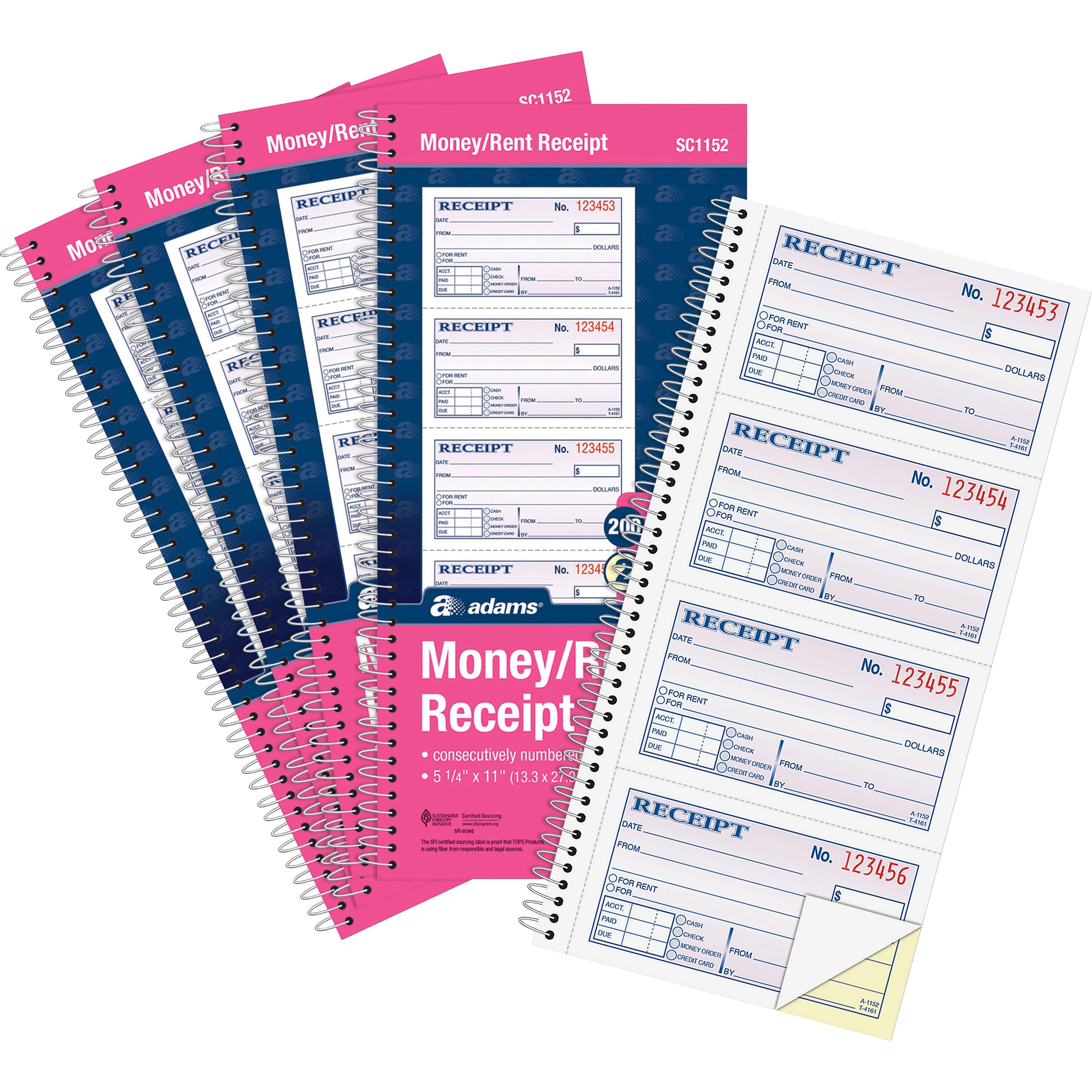 adams-spiral-2-part-money-rent-receipt-book-200-sheets-spiral-bound-2-part-11-x-525-form-size-white-canary-assorted-sheets-5-pack_abfsc1152pk - 1