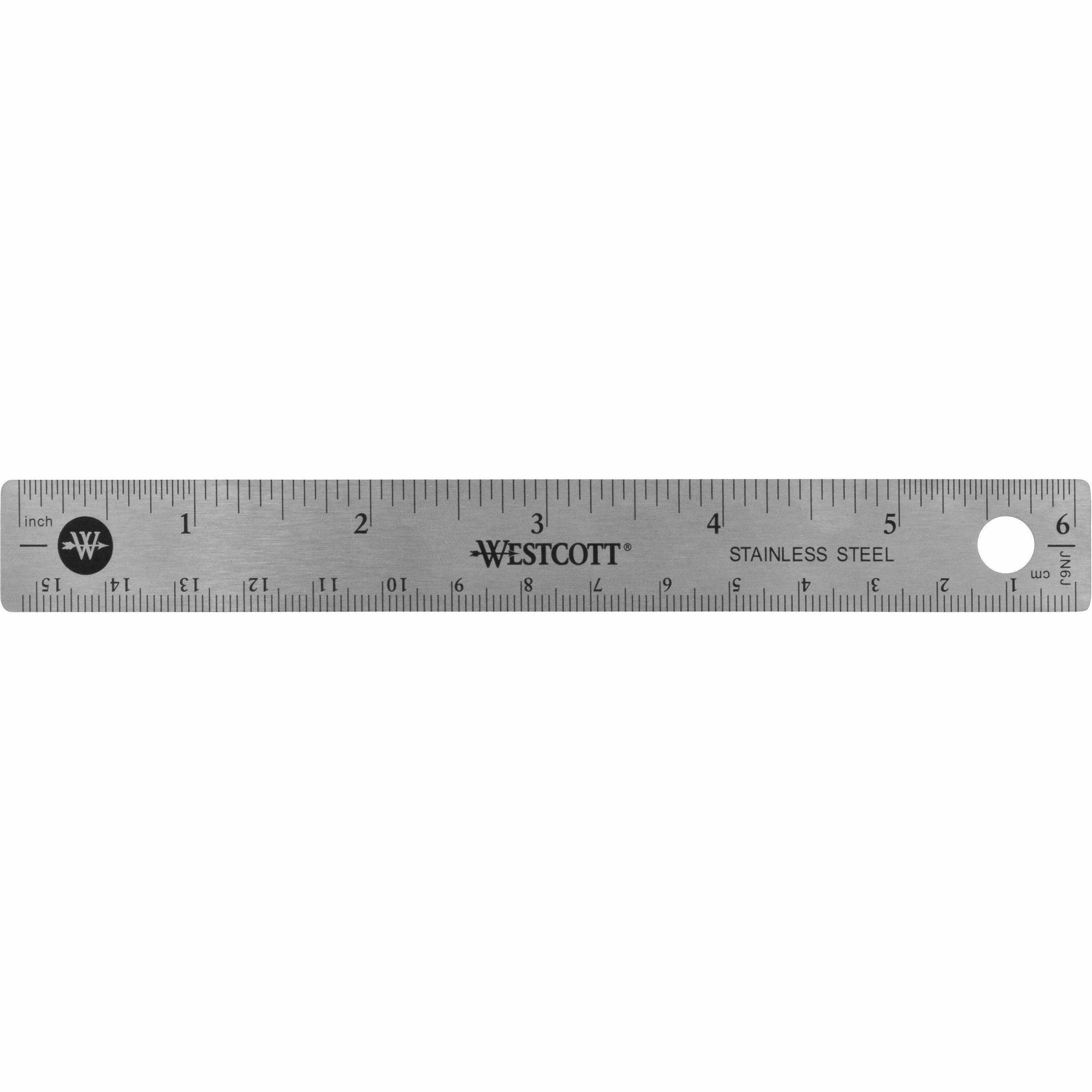 Westcott 6" Stainless Steel Rulers - 6" Length 0.8" Width - 1/16, 1/32 Graduations - Metric, Imperial Measuring System - Stainless Steel - 12 / Box - Stainless Steel