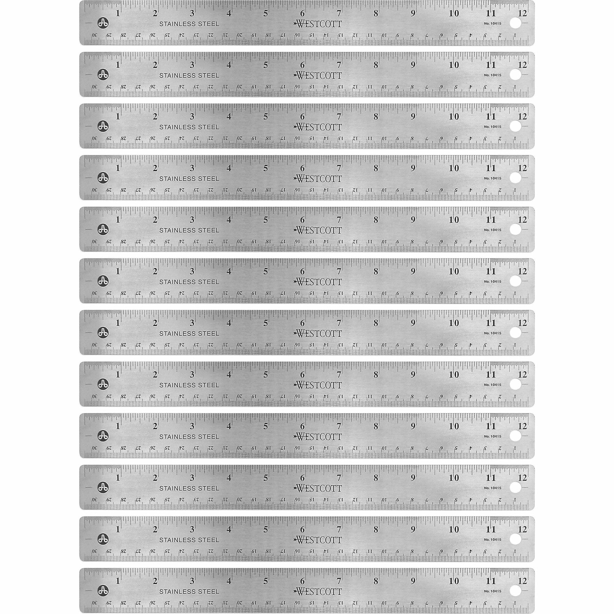 Westcott Stainless Steel Rulers - 12" Length 1" Width - 1/16, 1/32 Graduations - Metric, Imperial Measuring System - Stainless Steel - 12 / Box - Stainless Steel - 1