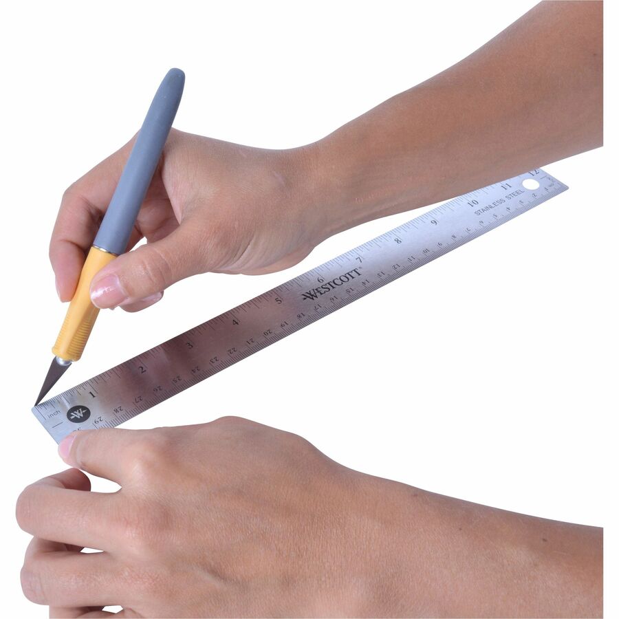 Westcott Stainless Steel Rulers - 12" Length 1" Width - 1/16, 1/32 Graduations - Metric, Imperial Measuring System - Stainless Steel - 12 / Box - Stainless Steel - 8