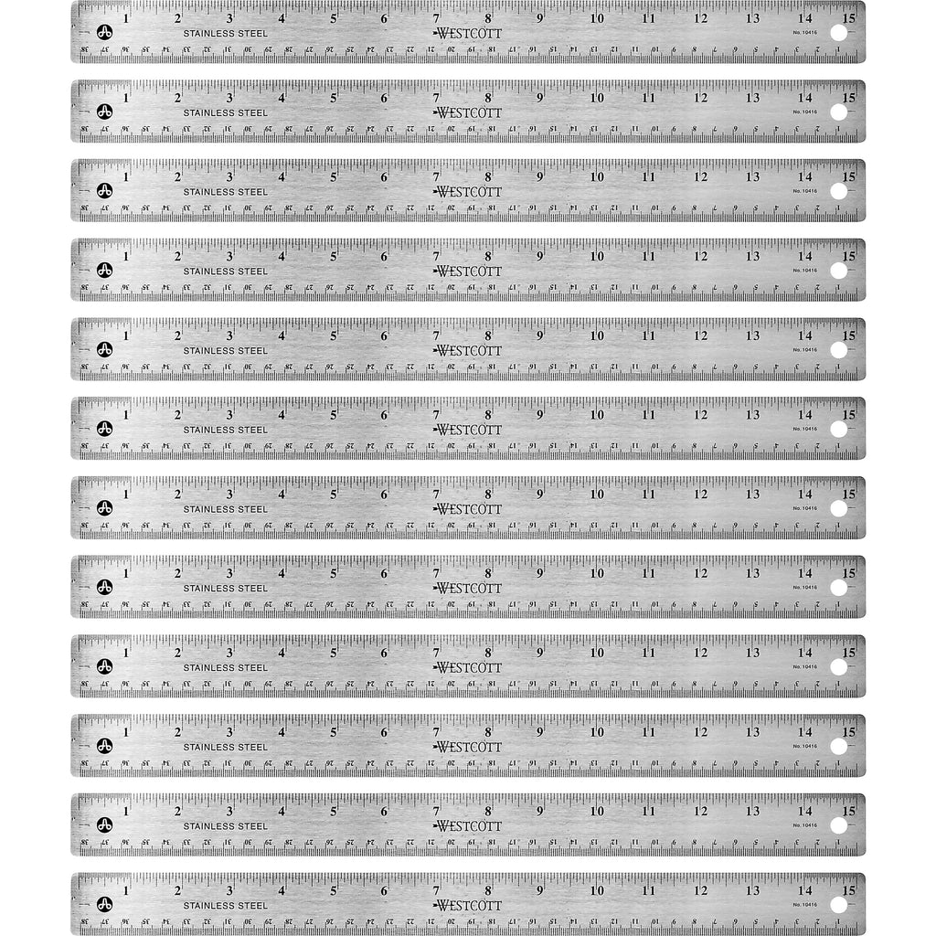 Westcott Stainless Steel Rulers - 15" Length 1" Width - 1/16, 1/32 Graduations - Metric, Imperial Measuring System - Stainless Steel - 12 / Box - Stainless Steel