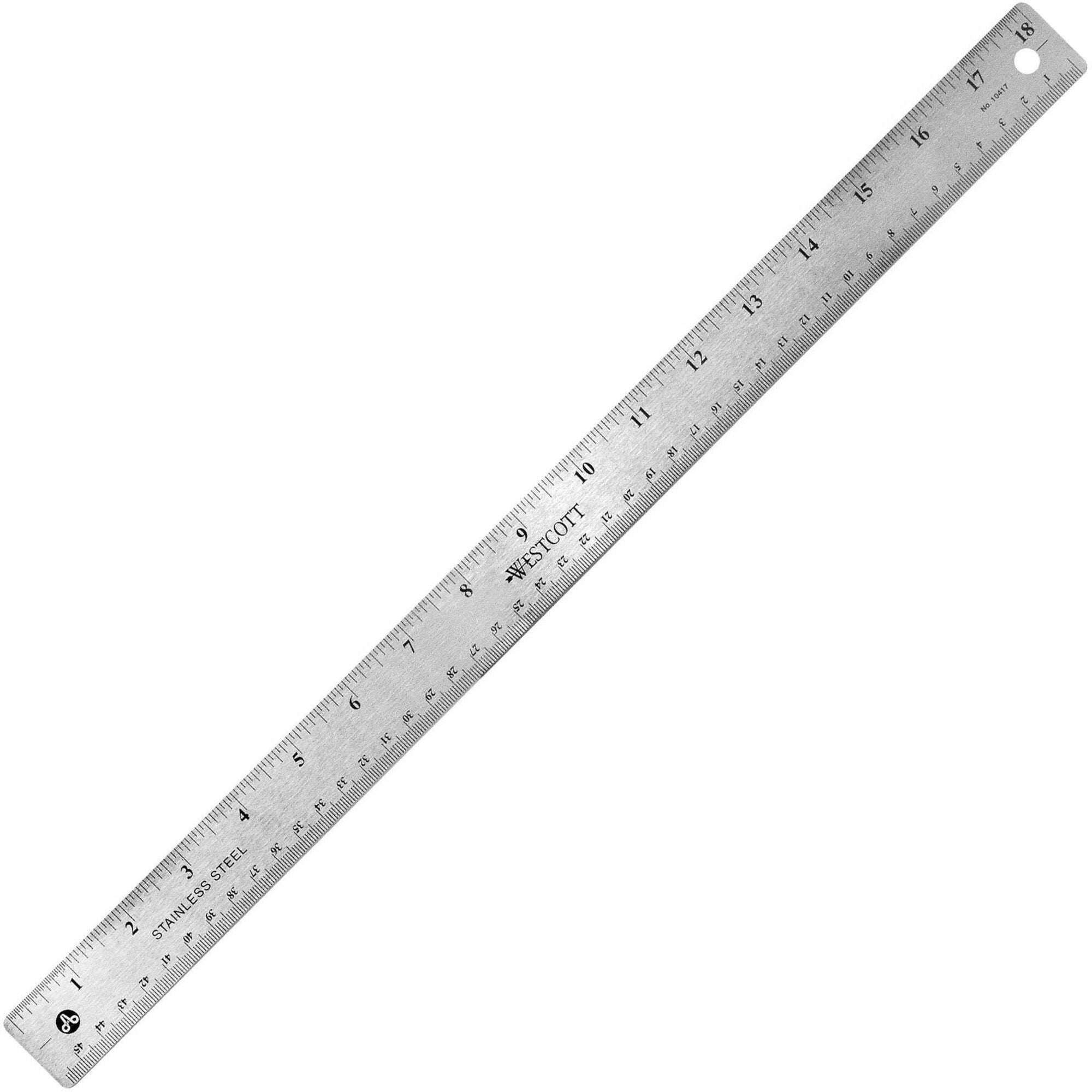 Westcott Stainless Steel Rulers - 18" Length 1" Width - 1/16, 1/32 Graduations - Metric, Imperial Measuring System - Stainless Steel - 12 / Box - Stainless Steel - 1