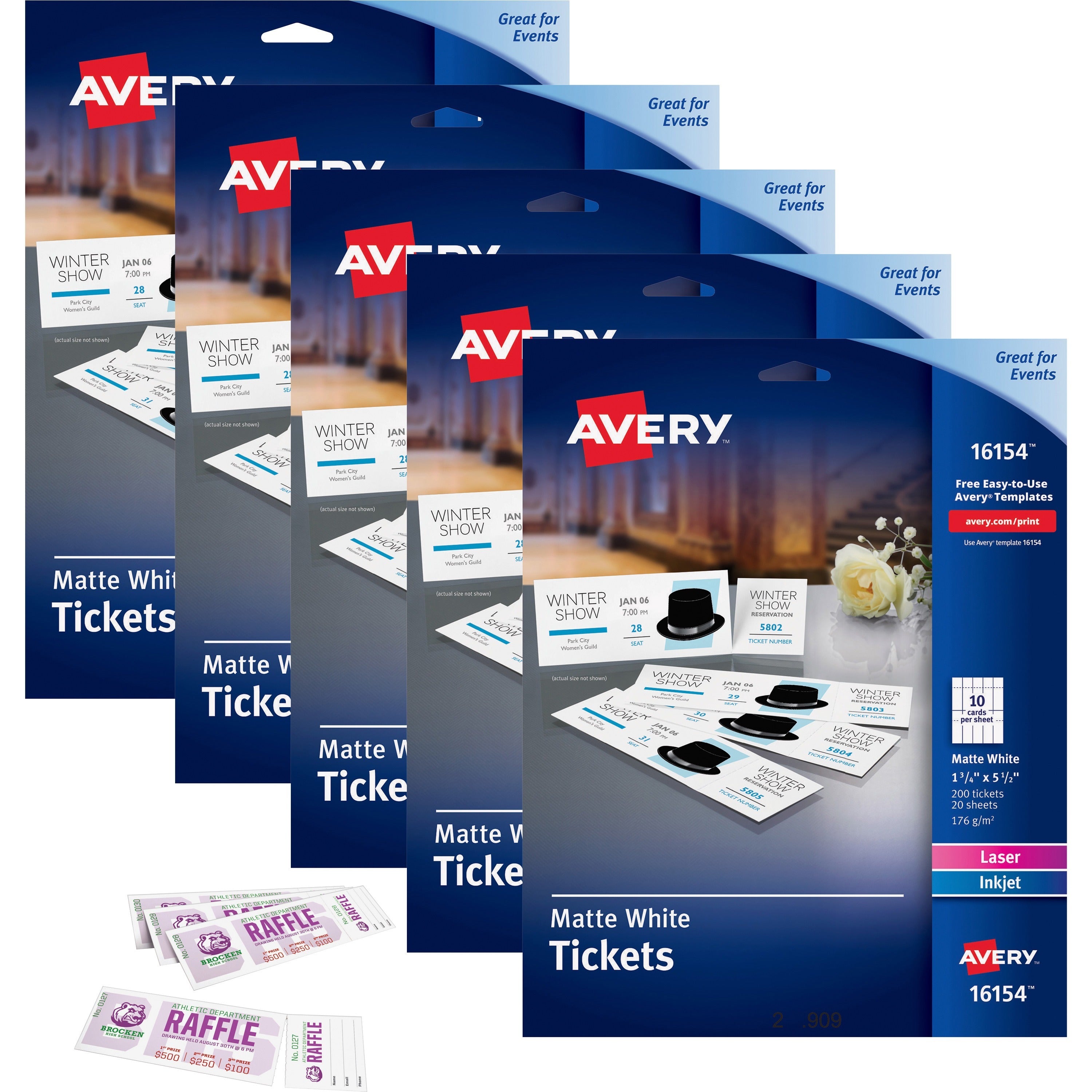 Avery Blank Tickets with Tear-Away Stubs - 1 3/4" Width x 5 1/2" Length - Laser, Inkjet - Matte White - 20 / Sheet - 1000 / Carton - 1