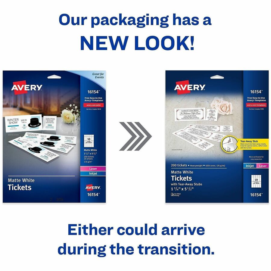 Avery Blank Tickets with Tear-Away Stubs - 1 3/4" Width x 5 1/2" Length - Laser, Inkjet - Matte White - 20 / Sheet - 1000 / Carton