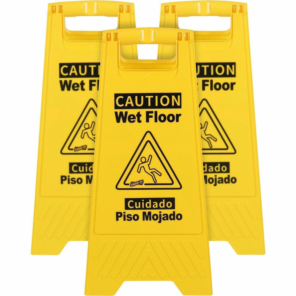 Genuine Joe Universal Graphic Wet Floor Sign - 3 / Bundle - Wet Floor Print/Message - Foldable - Yellow