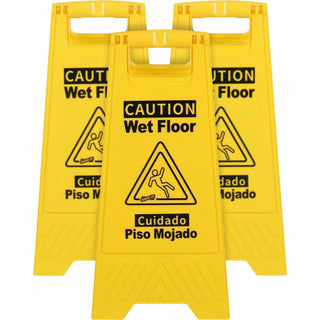 Genuine Joe Universal Graphic Wet Floor Sign - 3 / Bundle - Wet Floor Print/Message - Foldable - Yellow