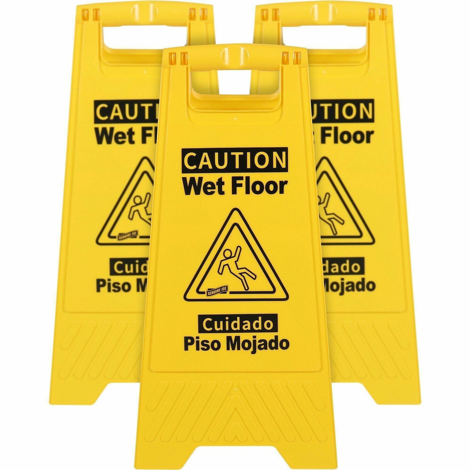 Genuine Joe Universal Graphic Wet Floor Sign - 3 / Bundle - Wet Floor Print/Message - Foldable - Yellow