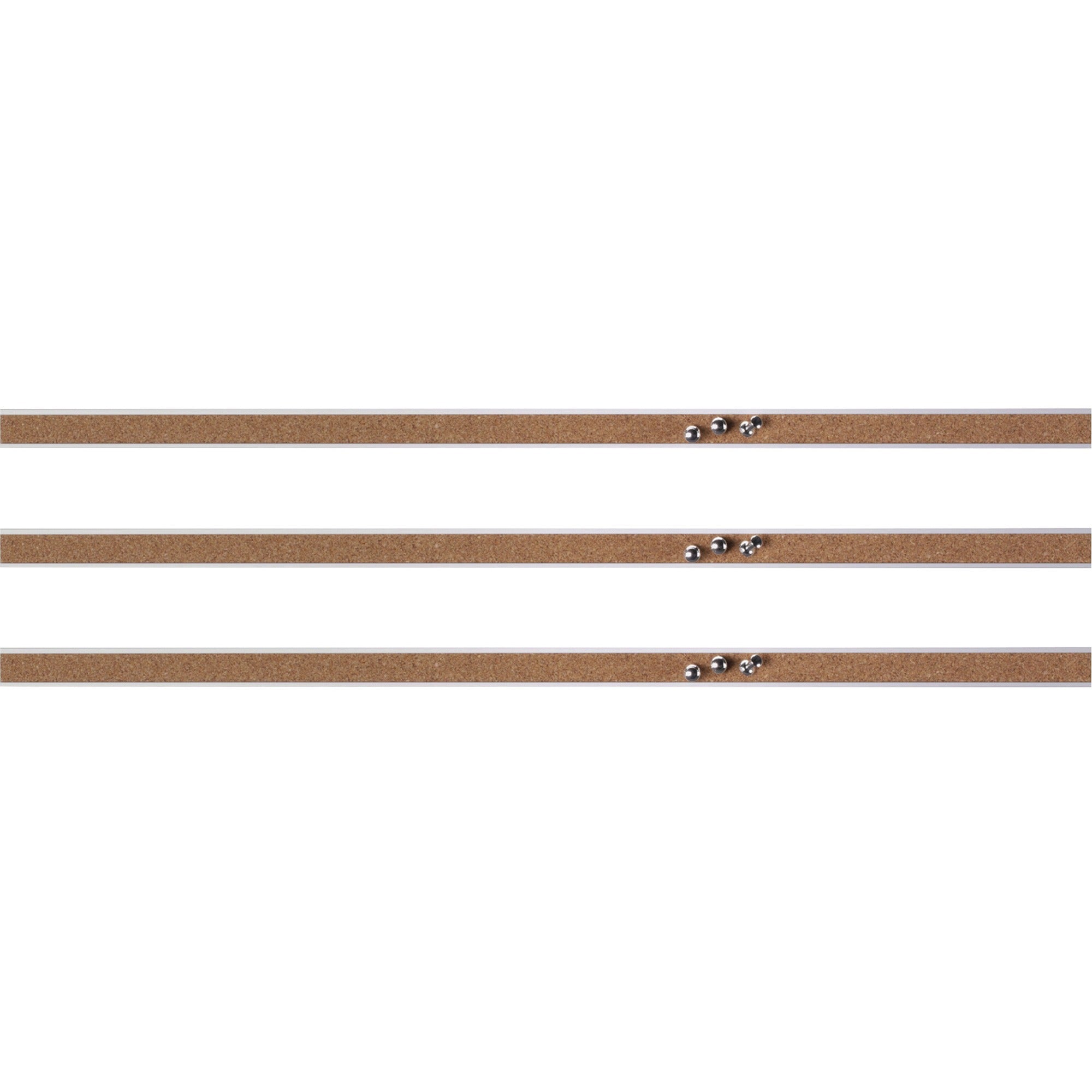 Lorell Cork Strip Bulletin Bars - 18" Width - Cork Surface - Self-healing, Fade Resistant, Self-sealing - Anodized Aluminum Frame - 3 / Bundle