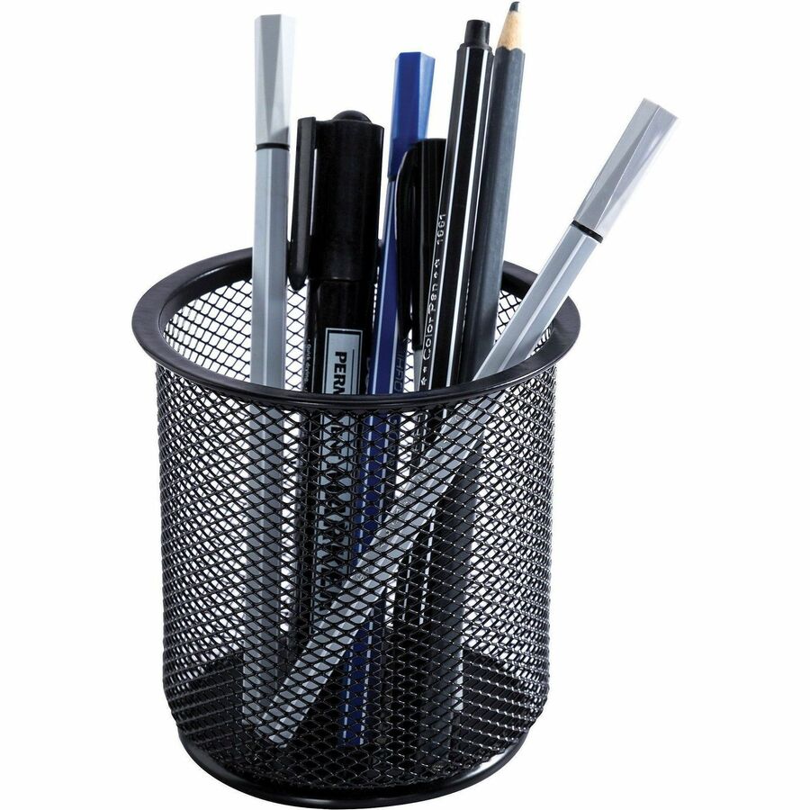 Lorell Mesh Wire Pencil Cup Holders - 3.5" x 3.9" x - Steel - 6 / Box - Black
