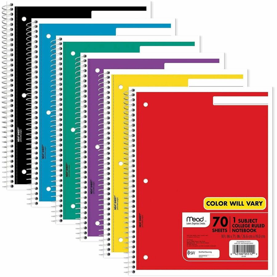 Mead One-subject Spiral Notebook - 70 Sheets - Spiral - College Ruled - 8" x 10 1/2" - White Paper - TanBoard Cover - Heavyweight, Punched - 12 / Bundle
