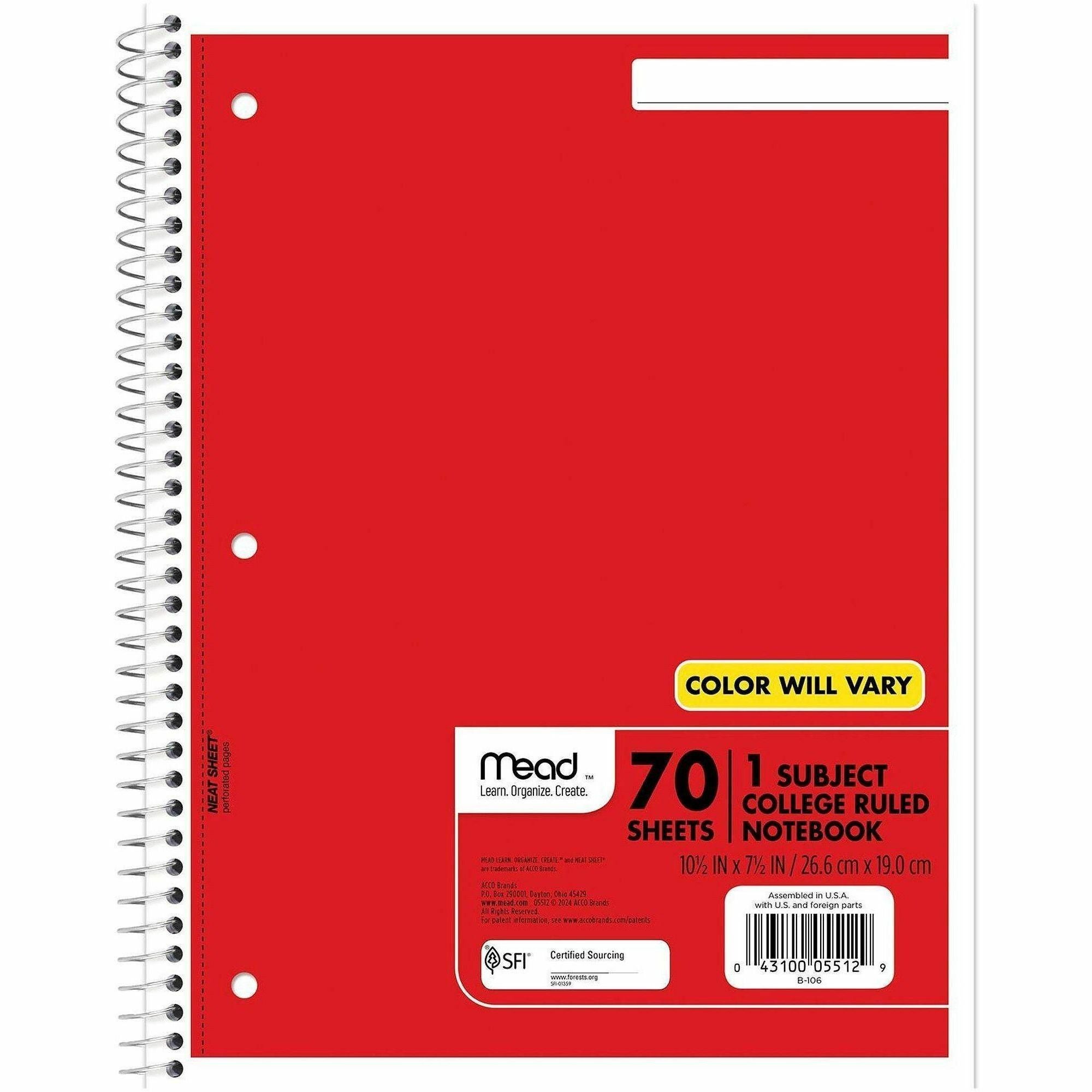 Mead One-subject Spiral Notebook - 70 Sheets - Spiral - College Ruled - 8" x 10 1/2" - White Paper - TanBoard Cover - Heavyweight, Punched - 12 / Bundle