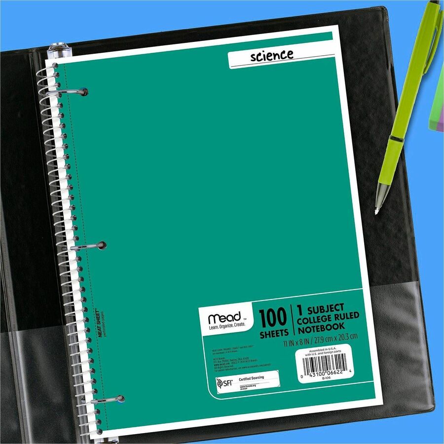 Mead One-subject Spiral Notebook - 100 Sheets - Spiral - College Ruled - 8" x 10 1/2"8" x 10.5" - White Paper - Back Board - 12 / Bundle