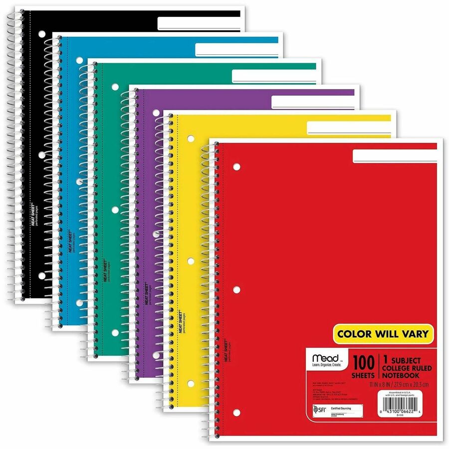 Mead One-subject Spiral Notebook - 100 Sheets - Spiral - College Ruled - 8" x 10 1/2"8" x 10.5" - White Paper - Back Board - 12 / Bundle