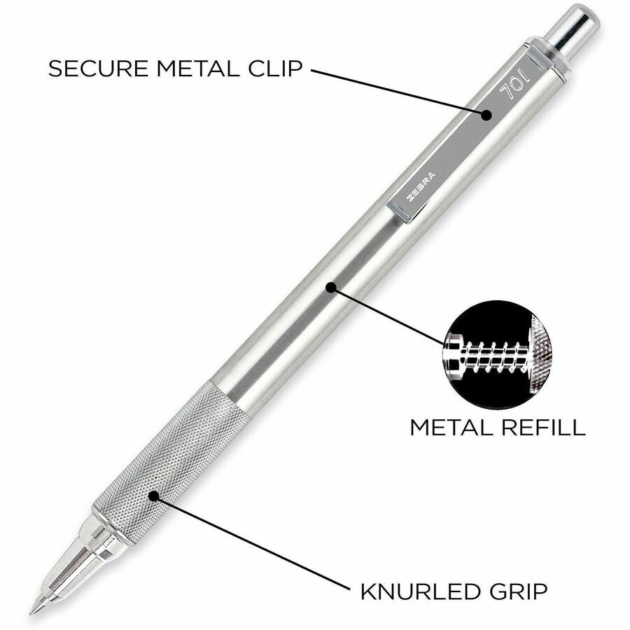 Zebra Pen STEEL 7 Series F-701 Retractable Ballpoint Pen - 0.7 mm Pen Point Size - Refillable - Retractable - Black - Stainless Steel Barrel - 6 / Box
