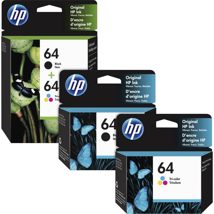 HP 64, (X4D92AN) 2-Pack Black/Tri-Color Original Ink Cartridges - 2