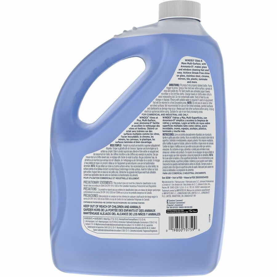 Windex Glass Cleaner with Ammonia-D - 128 fl oz (4 quart) - 4 / Carton - Non-streaking, Phosphate-free - Blue