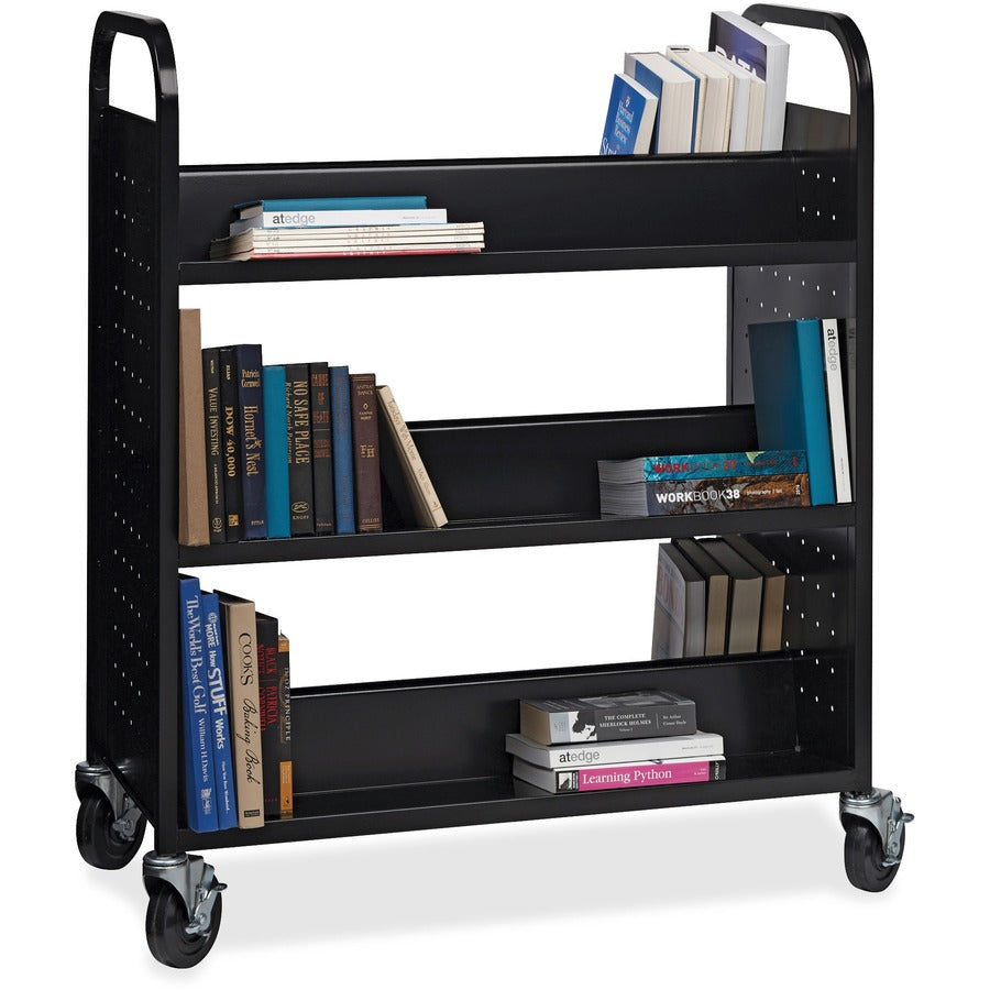 Lorell Double-sided Book Cart - 6 Shelf - Round Handle - 5" Caster Size - Steel - x 38" Width x 18" Depth x 46.3" Height - Black - 1 Each