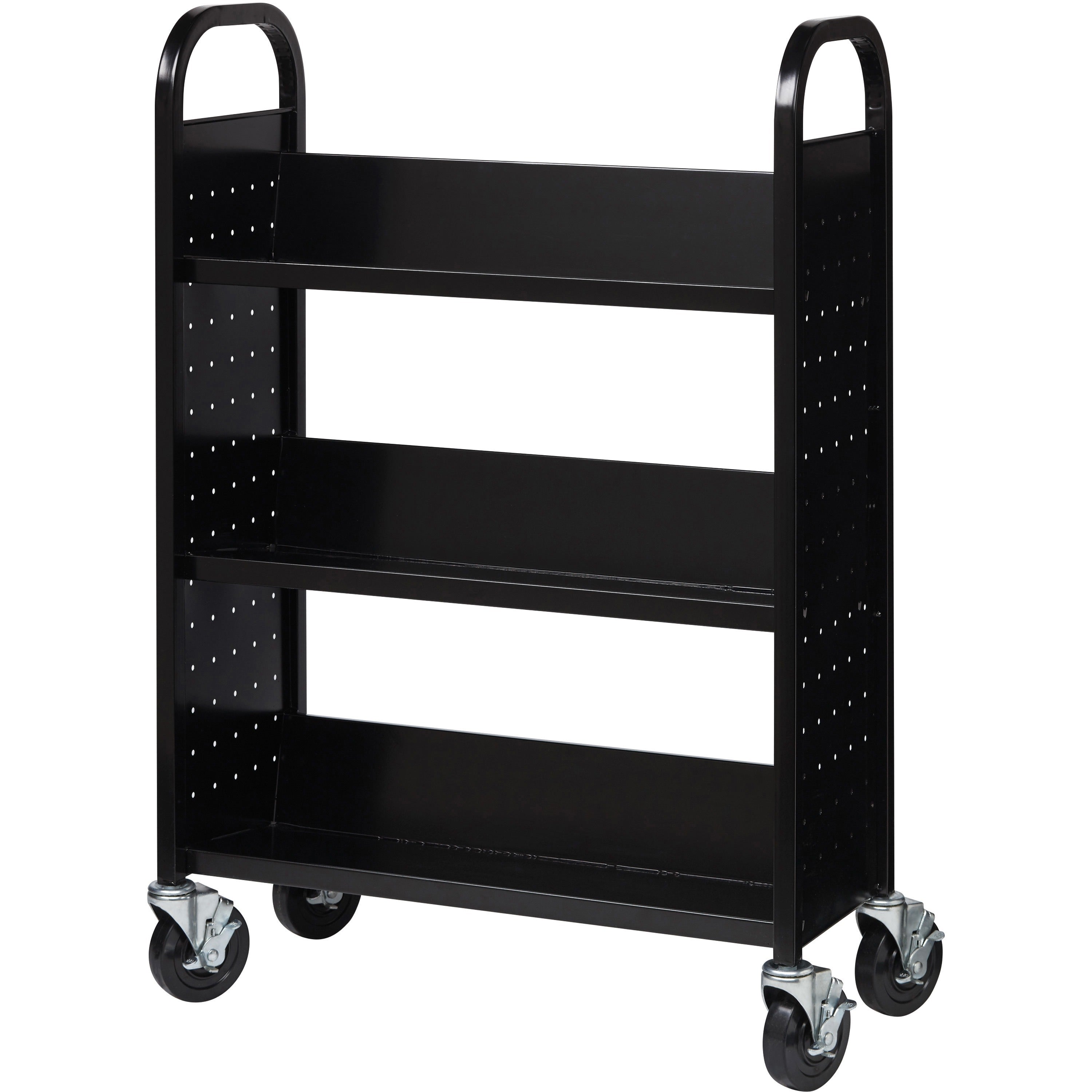 lorell-single-sided-book-cart-3-shelf-round-handle-5-caster-size-steel-x-32-width-x-14-depth-x-46-height-black-1-each_llr99933 - 3