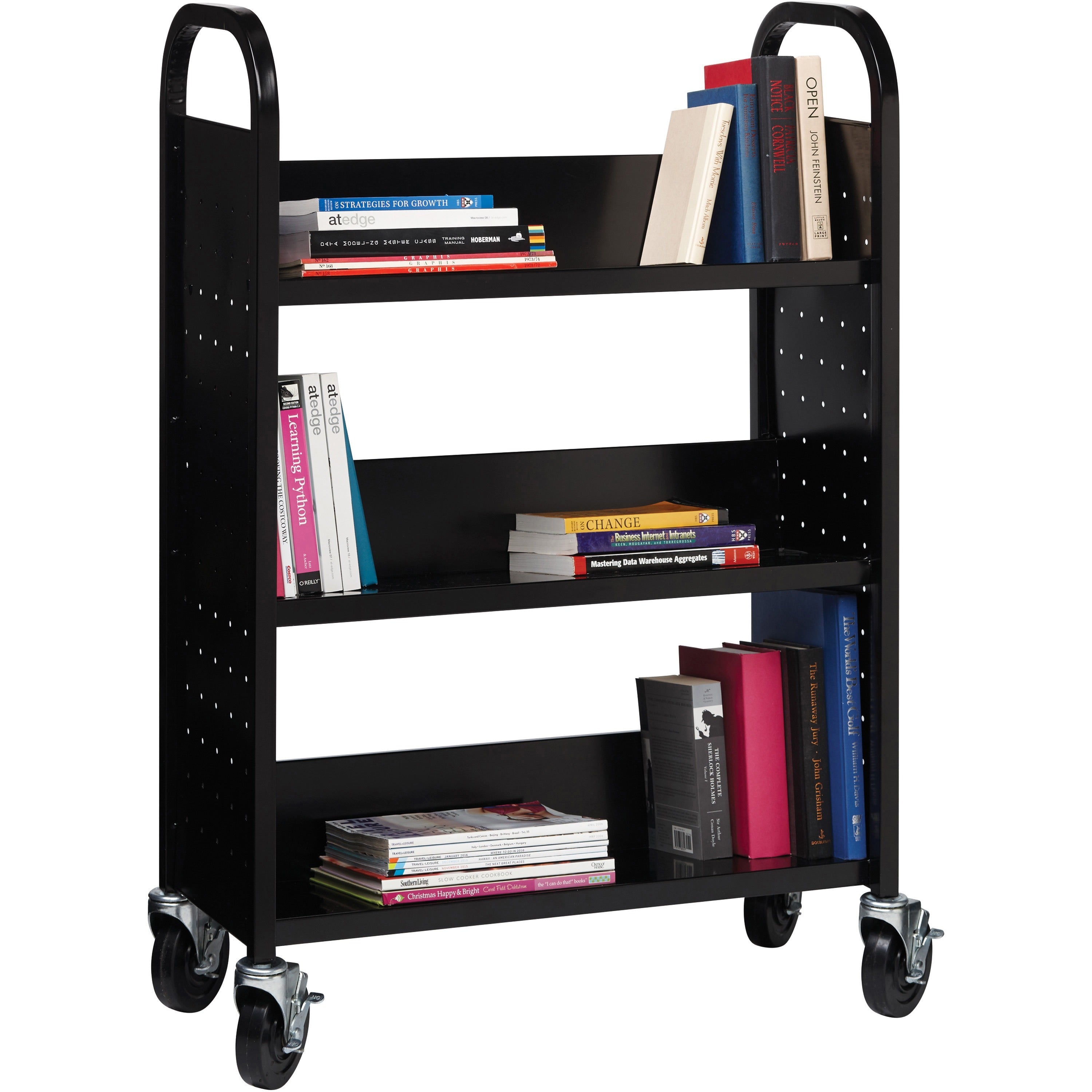 lorell-single-sided-book-cart-3-shelf-round-handle-5-caster-size-steel-x-32-width-x-14-depth-x-46-height-black-1-each_llr99933 - 4