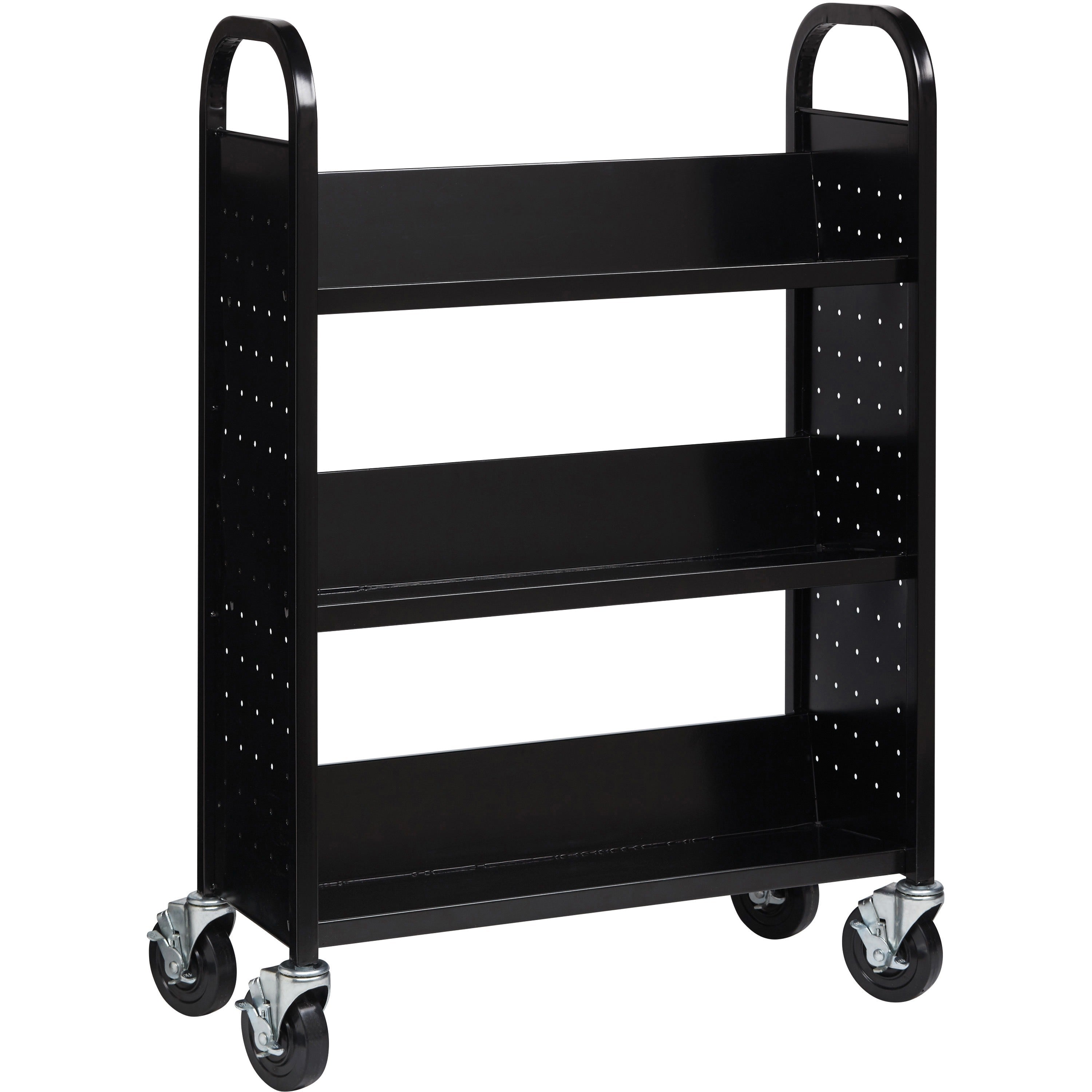 lorell-single-sided-book-cart-3-shelf-round-handle-5-caster-size-steel-x-32-width-x-14-depth-x-46-height-black-1-each_llr99933 - 1