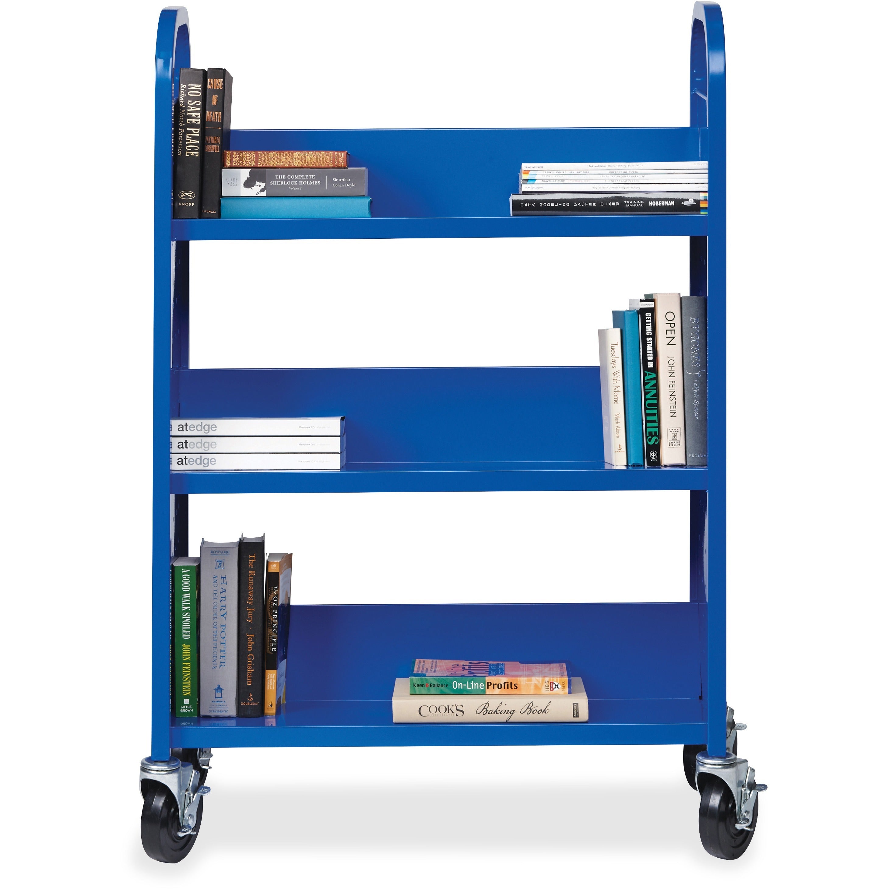 lorell-single-sided-book-cart-3-shelf-round-handle-5-caster-size-steel-x-32-width-x-14-depth-x-46-height-blue-1-each_llr99934 - 2