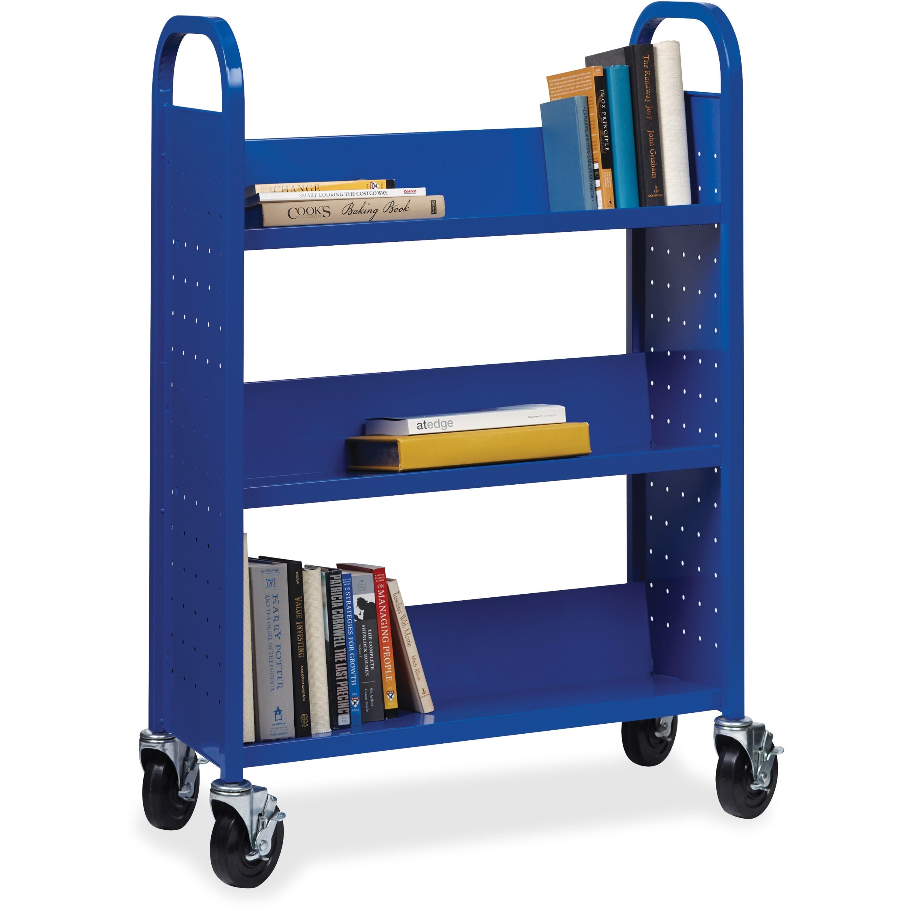 lorell-single-sided-book-cart-3-shelf-round-handle-5-caster-size-steel-x-32-width-x-14-depth-x-46-height-blue-1-each_llr99934 - 1