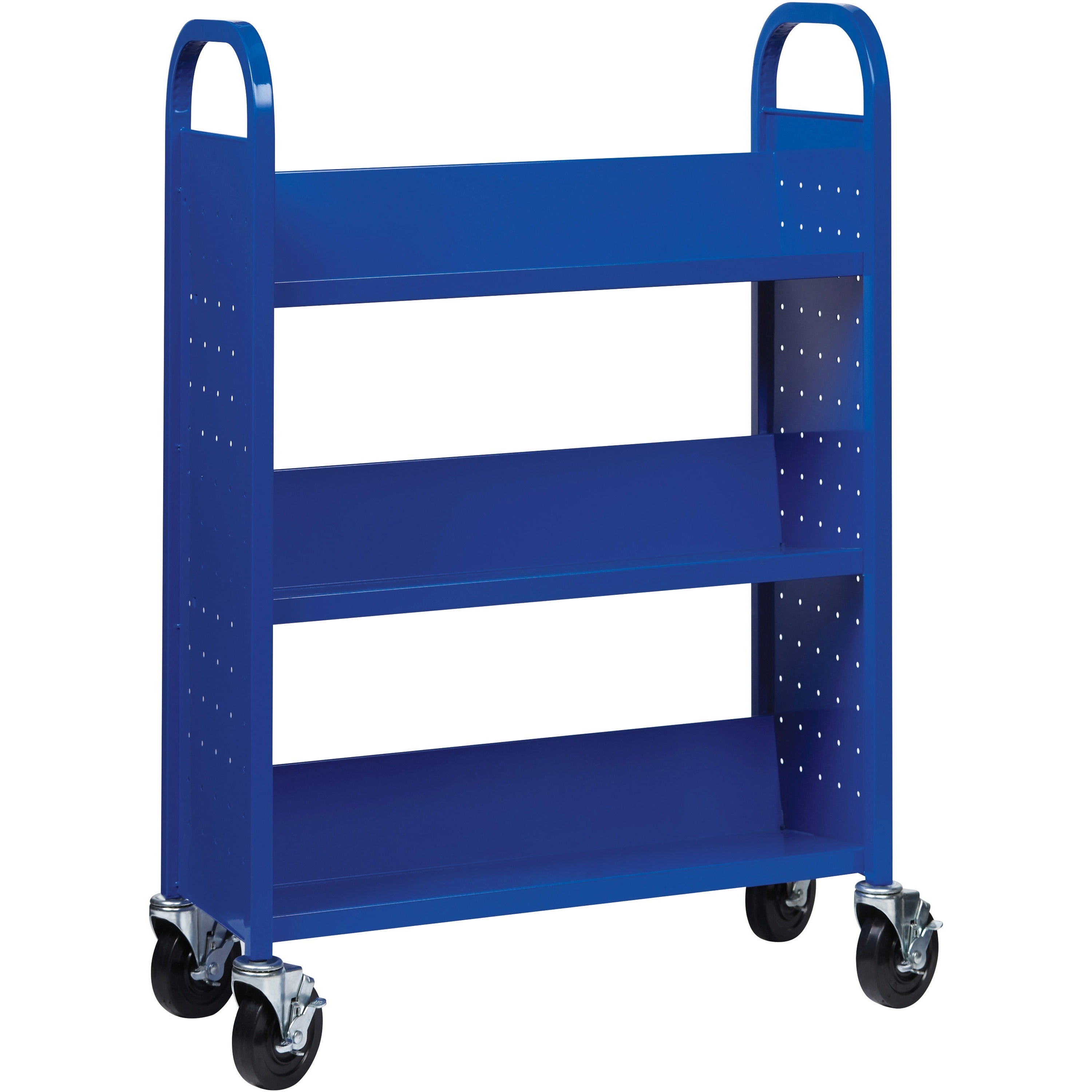 lorell-single-sided-book-cart-3-shelf-round-handle-5-caster-size-steel-x-32-width-x-14-depth-x-46-height-blue-1-each_llr99934 - 4