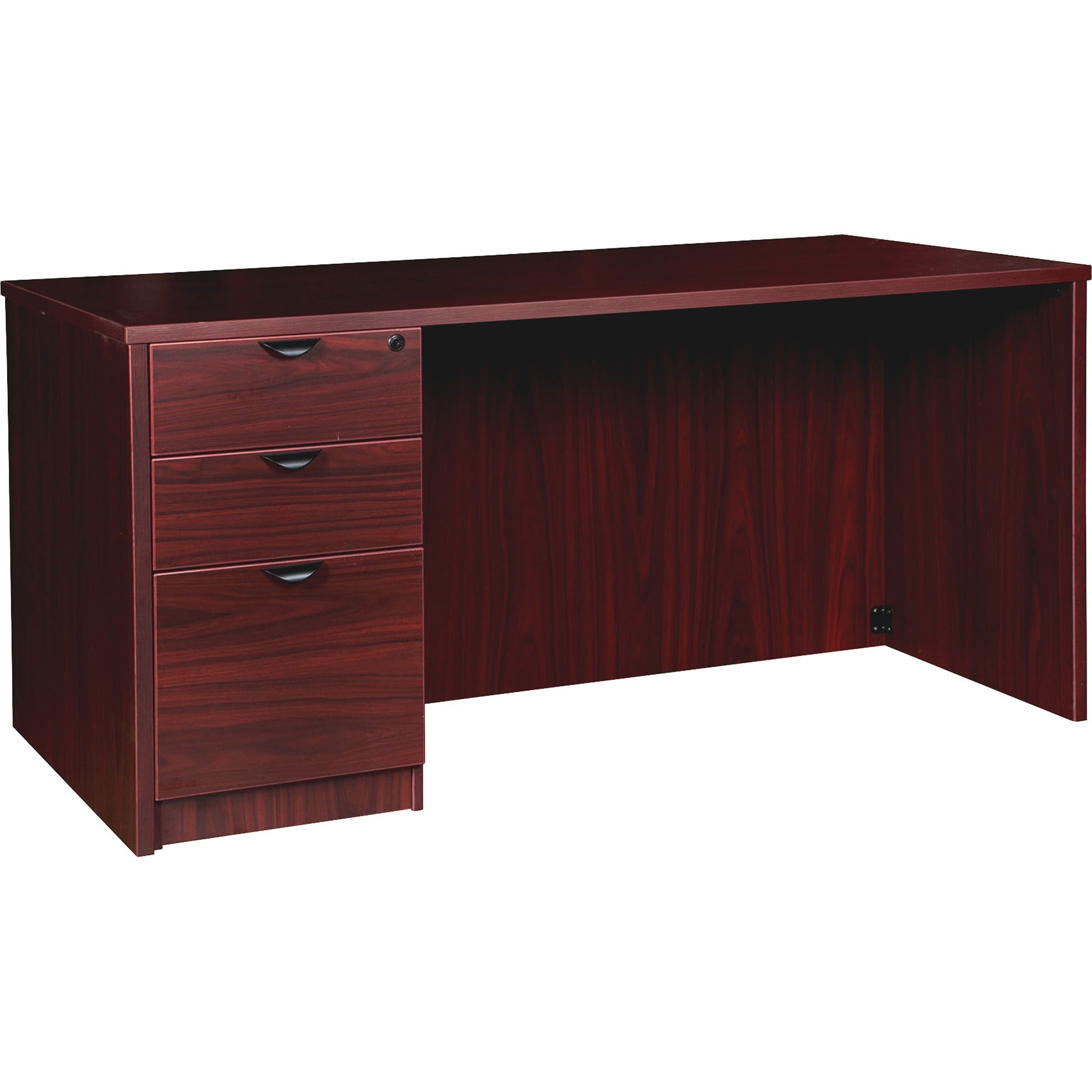 lorell-prominence-20-left-pedestal-desk-1-top-60-x-3029-3-x-file-box-drawers-single-pedestal-on-left-side-band-edge-material-particleboard-finish-mahogany-laminate-thermofused-melamine-tfm_llrpd3060lspmy - 1