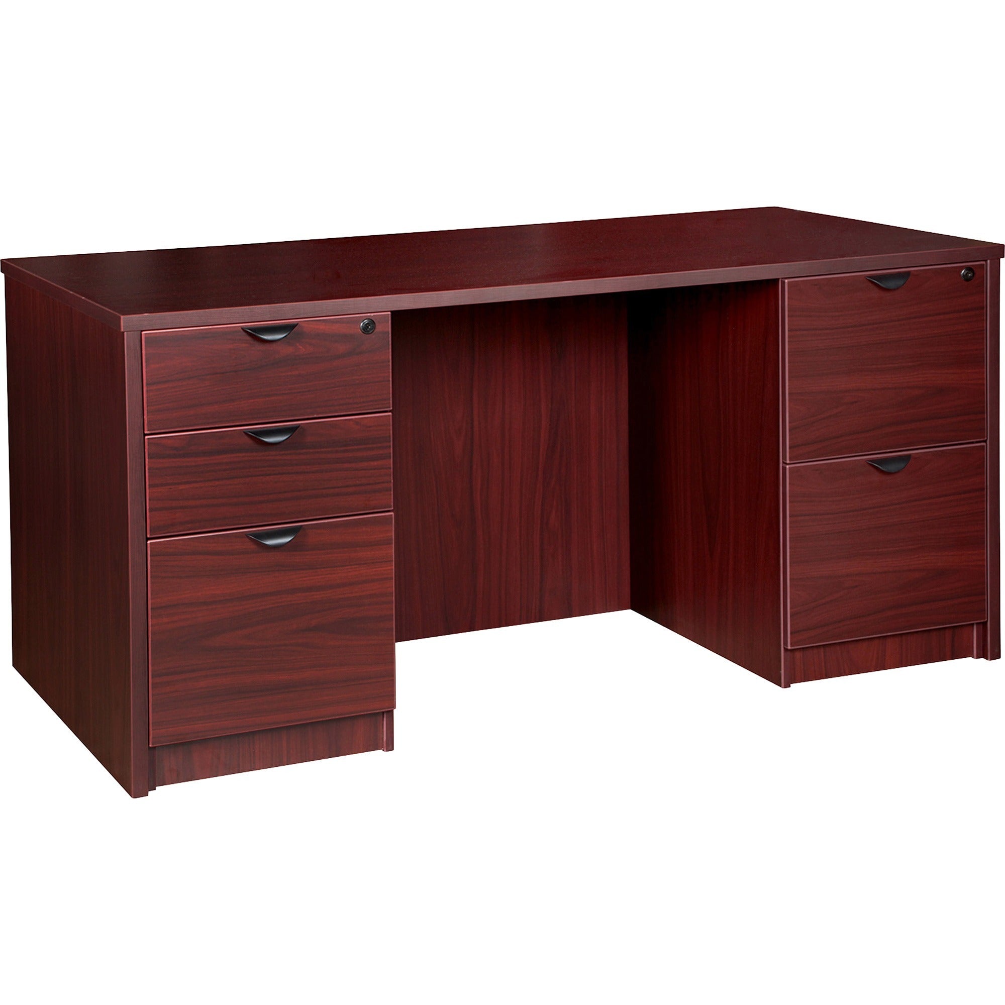 lorell-prominence-20-double-pedestal-desk-1-top-66-x-3029-5-x-file-box-drawers-double-pedestal-band-edge-material-particleboard-finish-mahogany-laminate-thermofused-melamine-tfm_llrpd3066dpmy - 1
