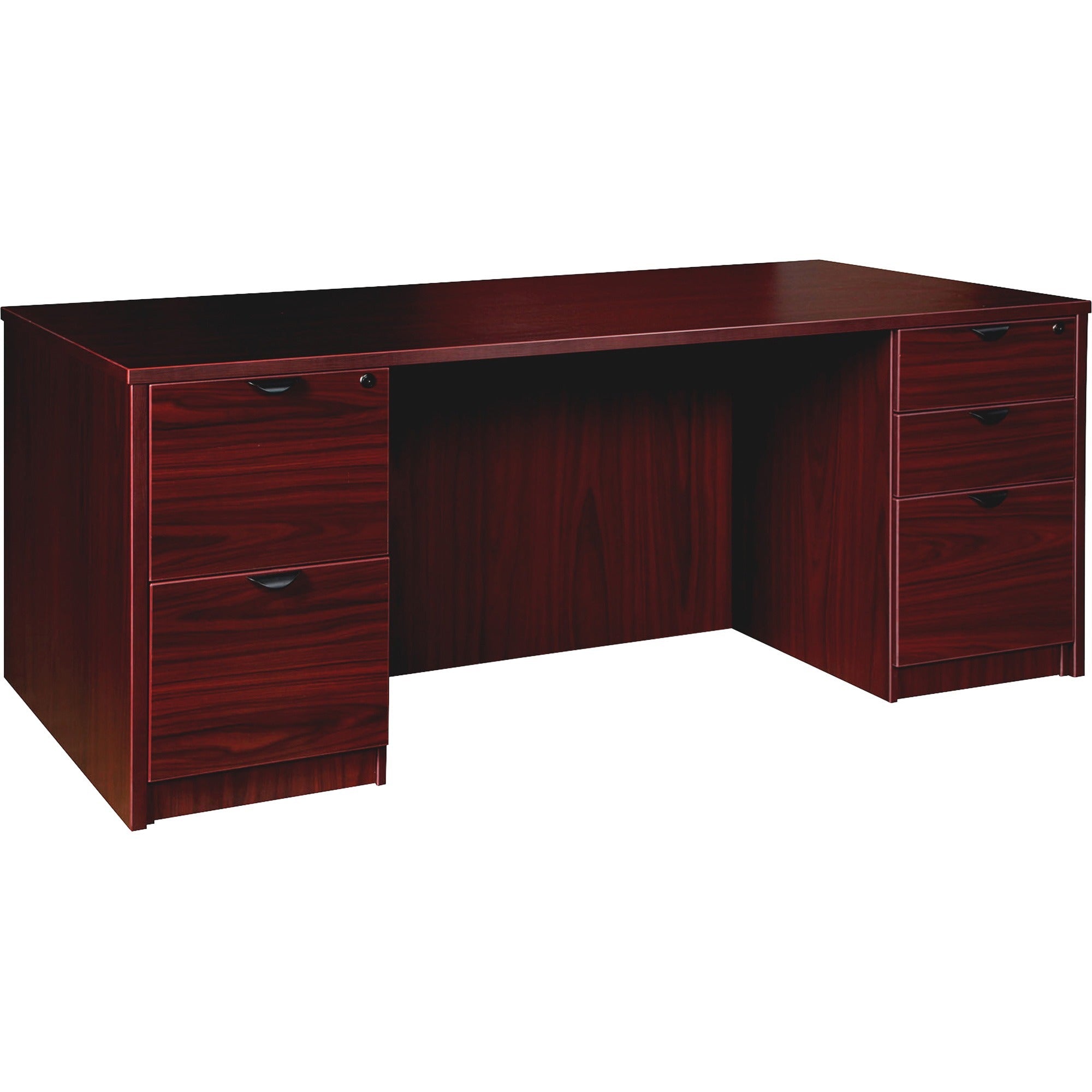 lorell-prominence-20-double-pedestal-desk-1-top-72-x-3629-5-x-file-box-drawers-double-pedestal-band-edge-material-particleboard-finish-mahogany-laminate-thermofused-melamine-tfm_llrpd3672dpmy - 1