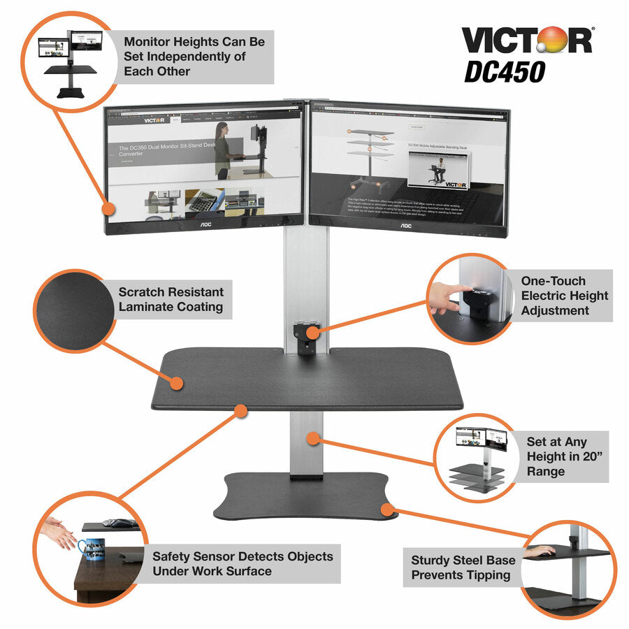 High Rise Electric Dual Monitor Standing Desk Workstation, 28" x 23" x 20.25", Black/Aluminum