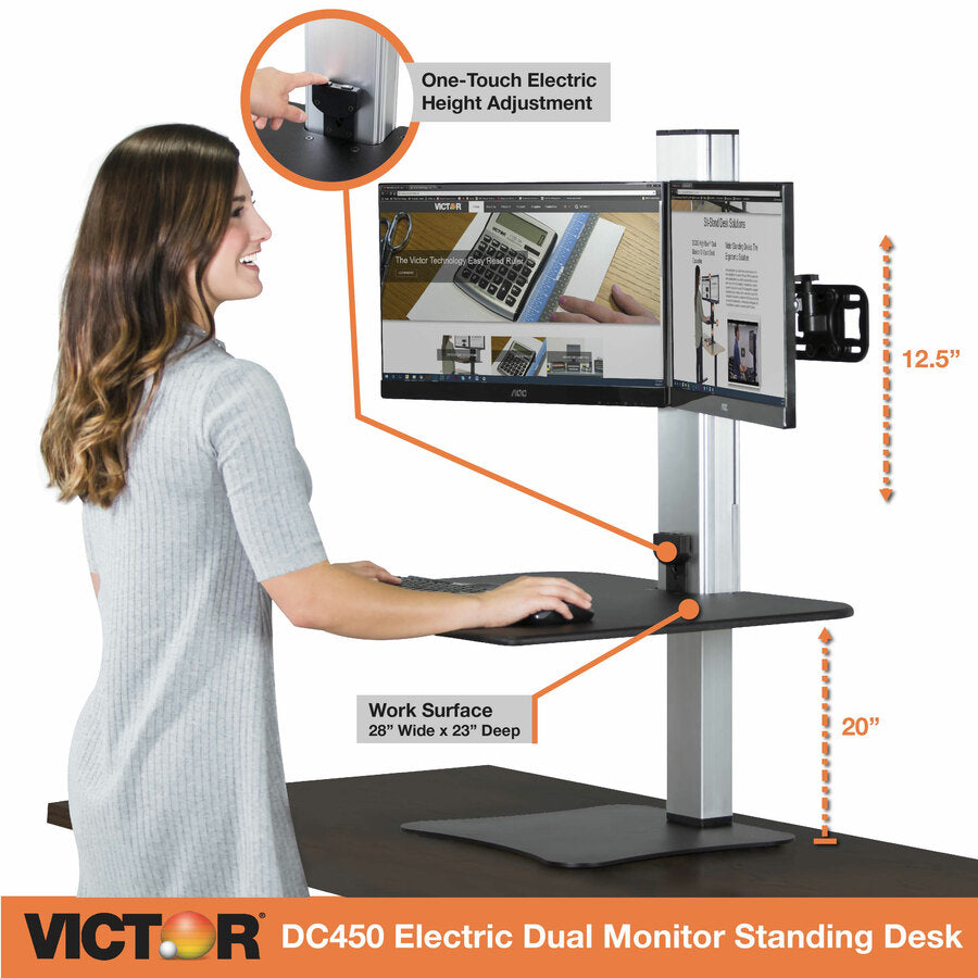 High Rise Electric Dual Monitor Standing Desk Workstation, 28" x 23" x 20.25", Black/Aluminum