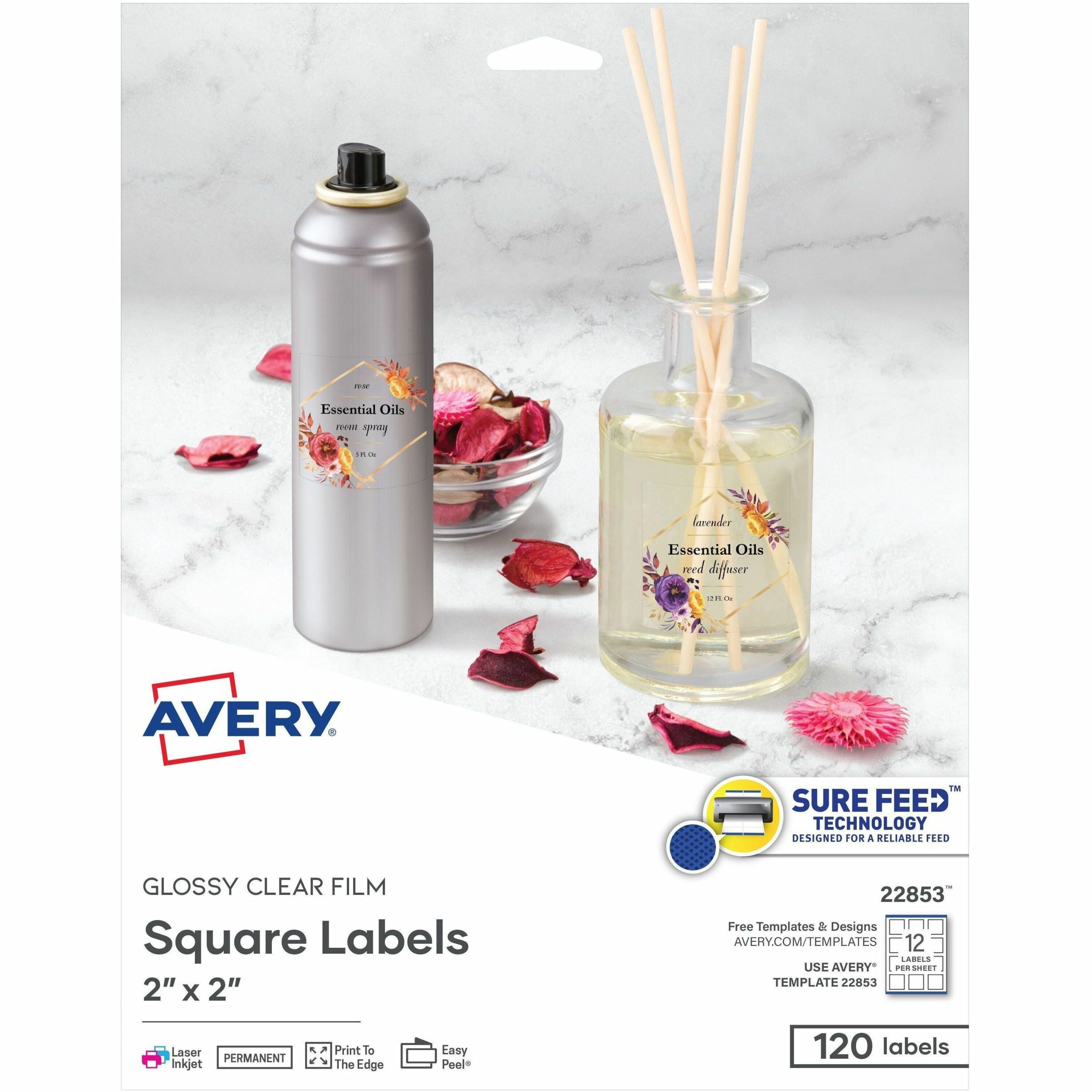 Avery Sure Feed Glossy Labels - 2" Width x 2" Length - Permanent Adhesive - Square - Laser, Inkjet - Crystal Clear - Film - 12 / Sheet - 10 Total Sheets - 120 Total Label(s) - 120 / Pack