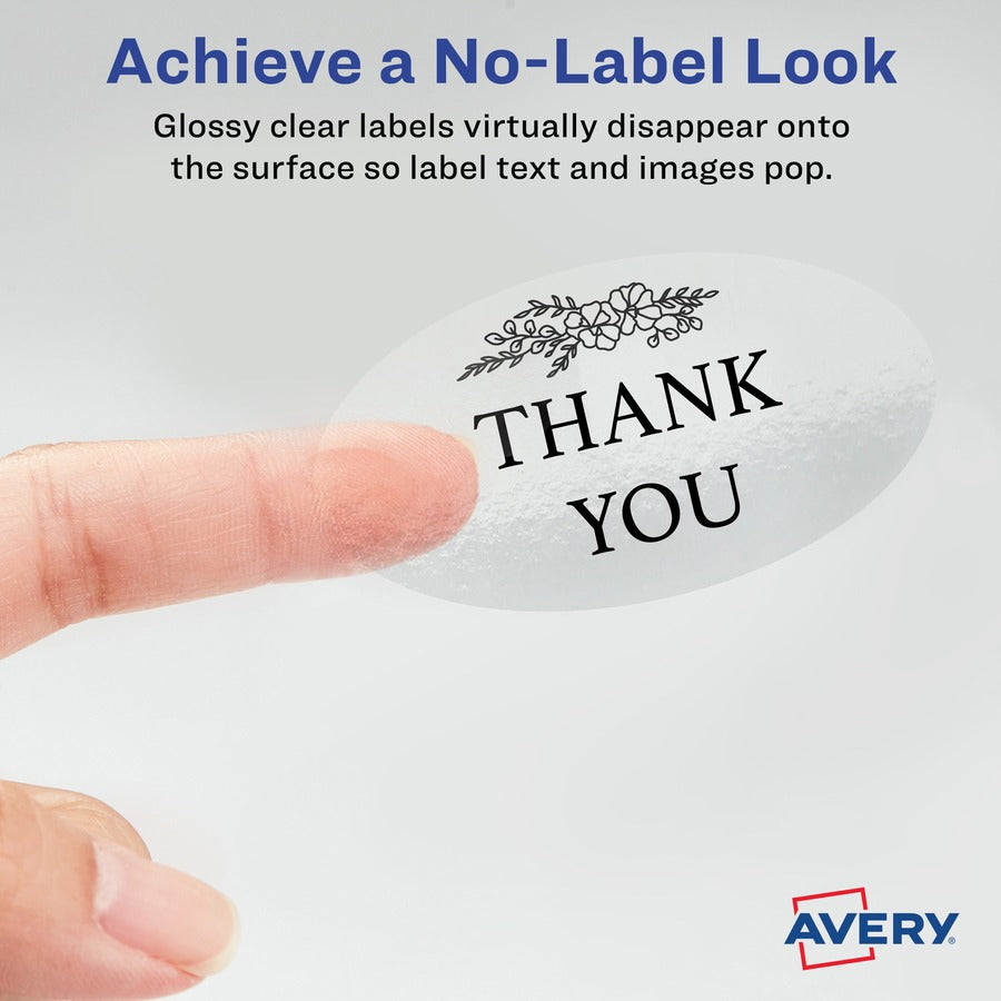 Avery Sure Feed Glossy Labels - 1 1/2" Width x 2 1/2" Length - Permanent Adhesive - Oval - Laser, Inkjet - Crystal Clear - Film - 18 / Sheet - 10 Total Sheets - 180 Total Label(s) - 180 / Pack