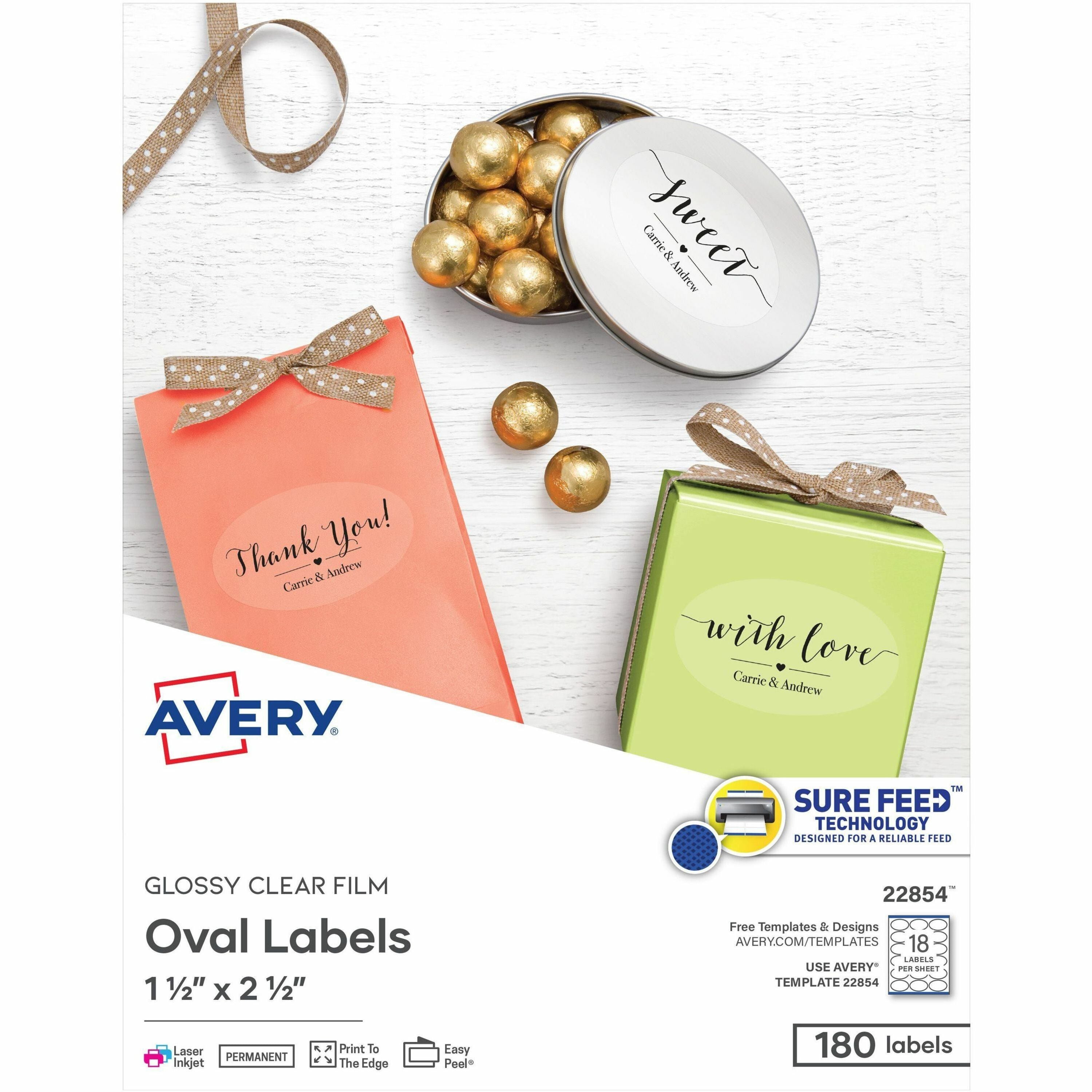 Avery Sure Feed Glossy Labels - 1 1/2" Width x 2 1/2" Length - Permanent Adhesive - Oval - Laser, Inkjet - Crystal Clear - Film - 18 / Sheet - 10 Total Sheets - 180 Total Label(s) - 180 / Pack