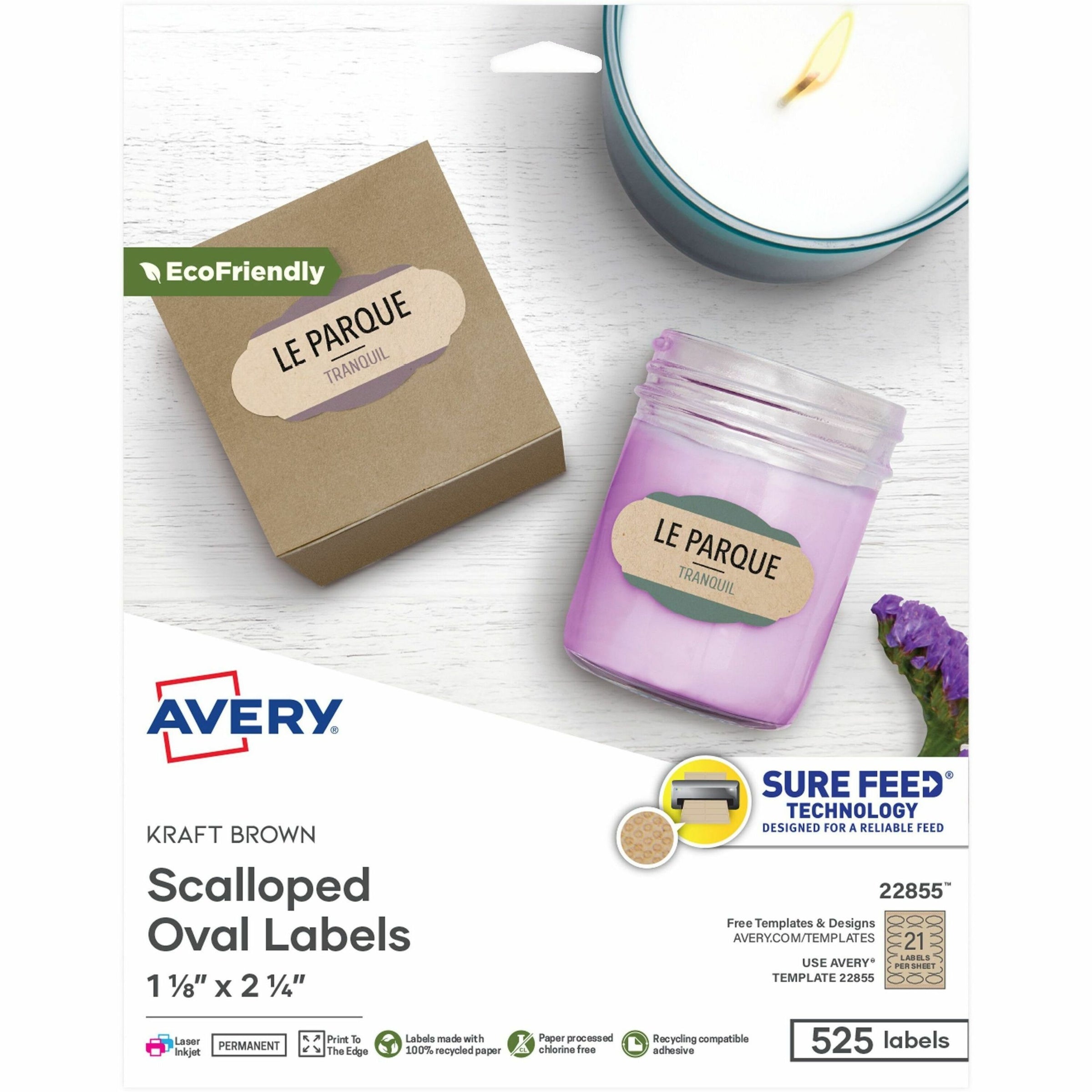 Avery Multipurpose Label - 2 1/4" Width x 1 1/8" Length - Permanent Adhesive - Oval Scallop - Laser, Inkjet - Kraft Brown - Paper - 21 / Sheet - 25 Total Sheets - 525 Total Label(s) - 5