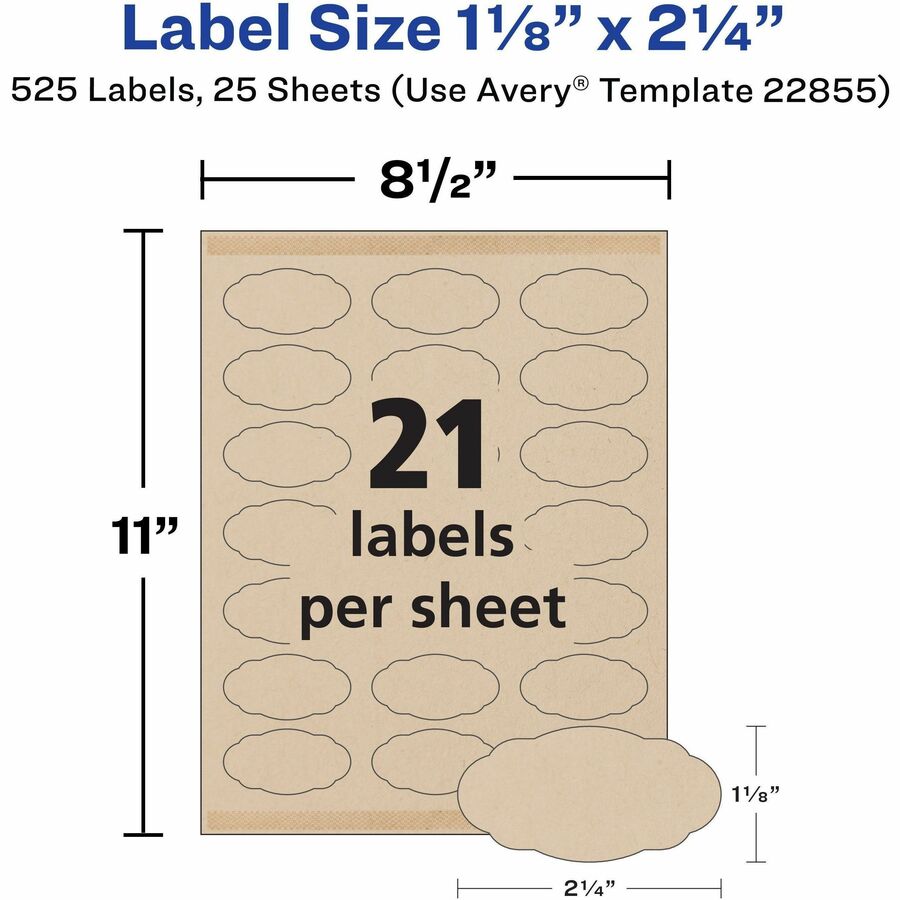Avery Multipurpose Label - 2 1/4" Width x 1 1/8" Length - Permanent Adhesive - Oval Scallop - Laser, Inkjet - Kraft Brown - Paper - 21 / Sheet - 25 Total Sheets - 525 Total Label(s) - 5