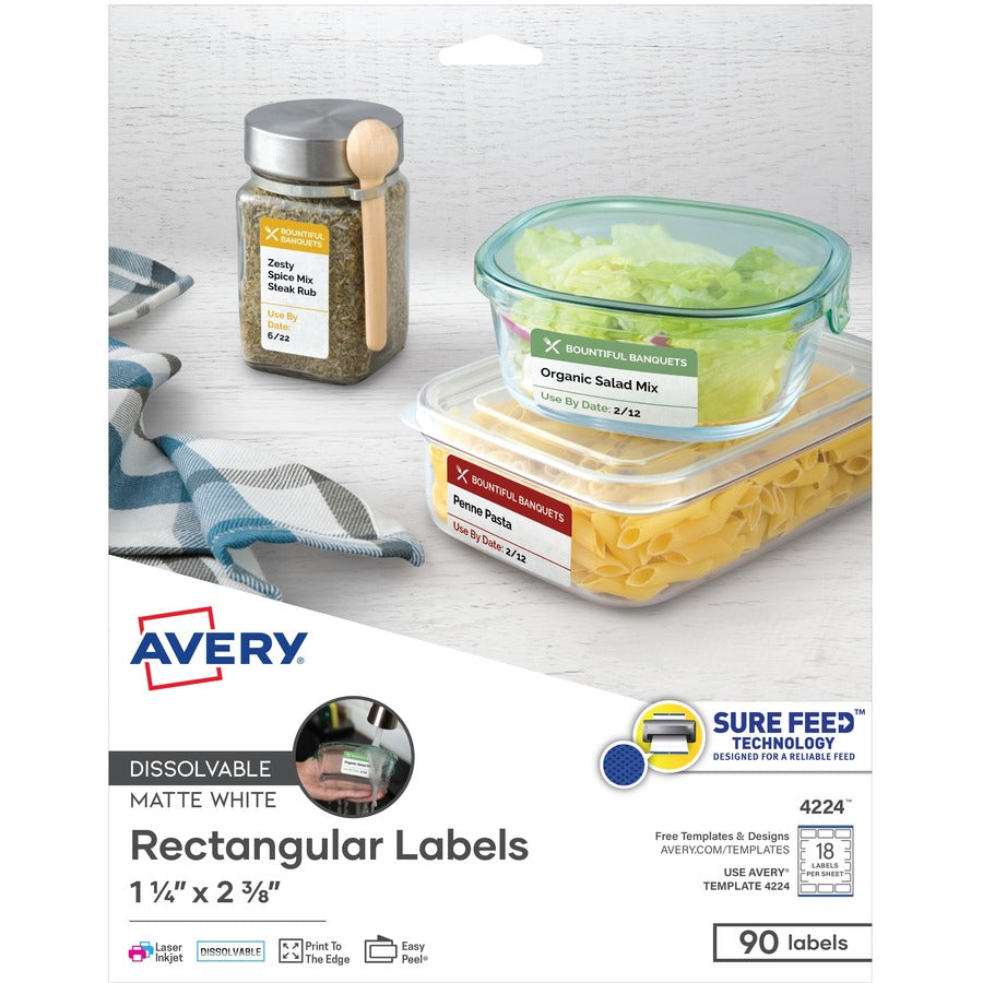 White Dissolvable Labels w/ Sure Feed, 1.25 x 2.38, White, 90/PK