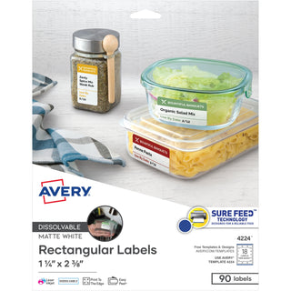 White Dissolvable Labels w/ Sure Feed, 1.25 x 2.38, White, 90/PK