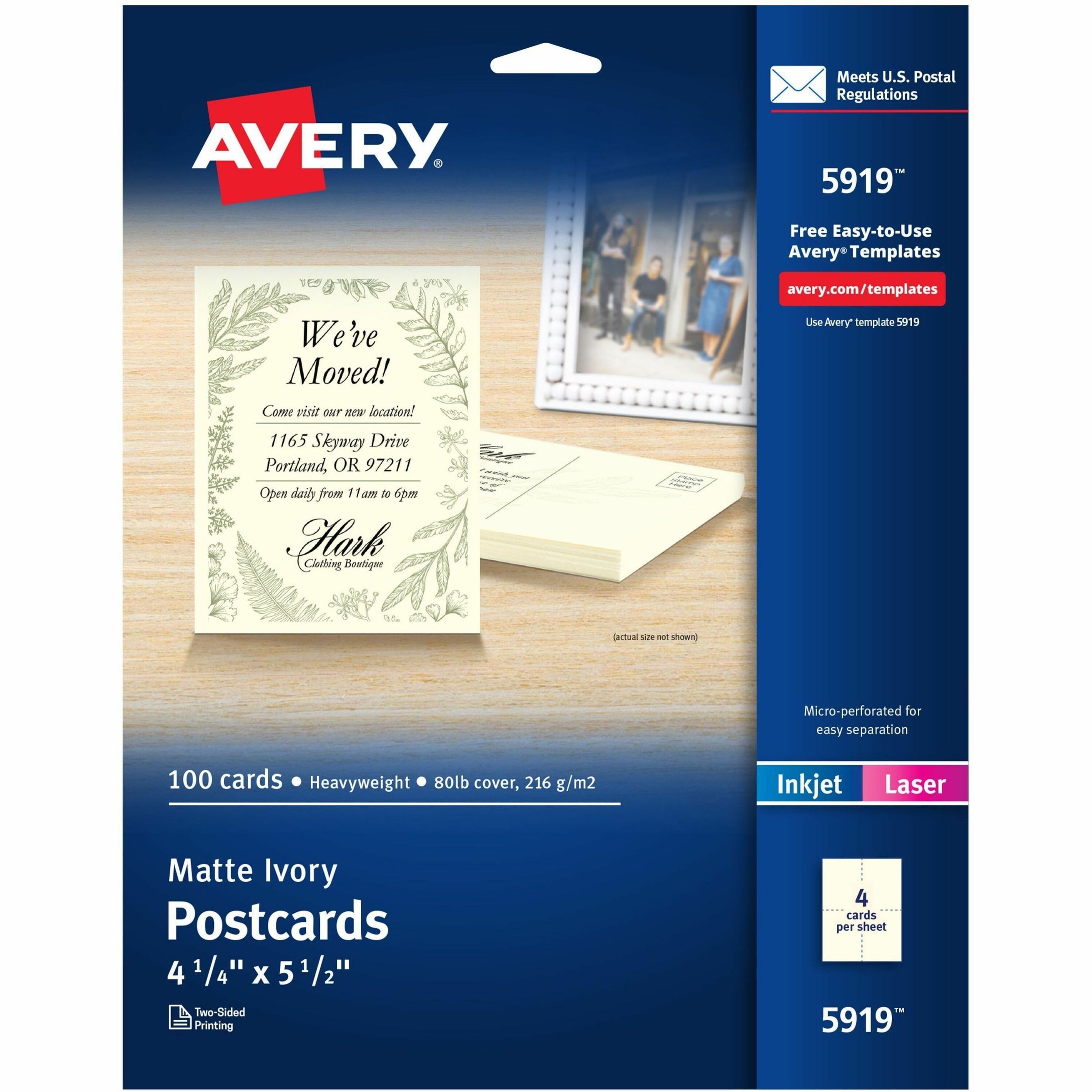 Printable Postcards, Inkjet/Laser, 74 lb, 4.25 x 5.5, Ivory, 100 Cards, 4 Cards/Sheet, 25 Sheets/Box