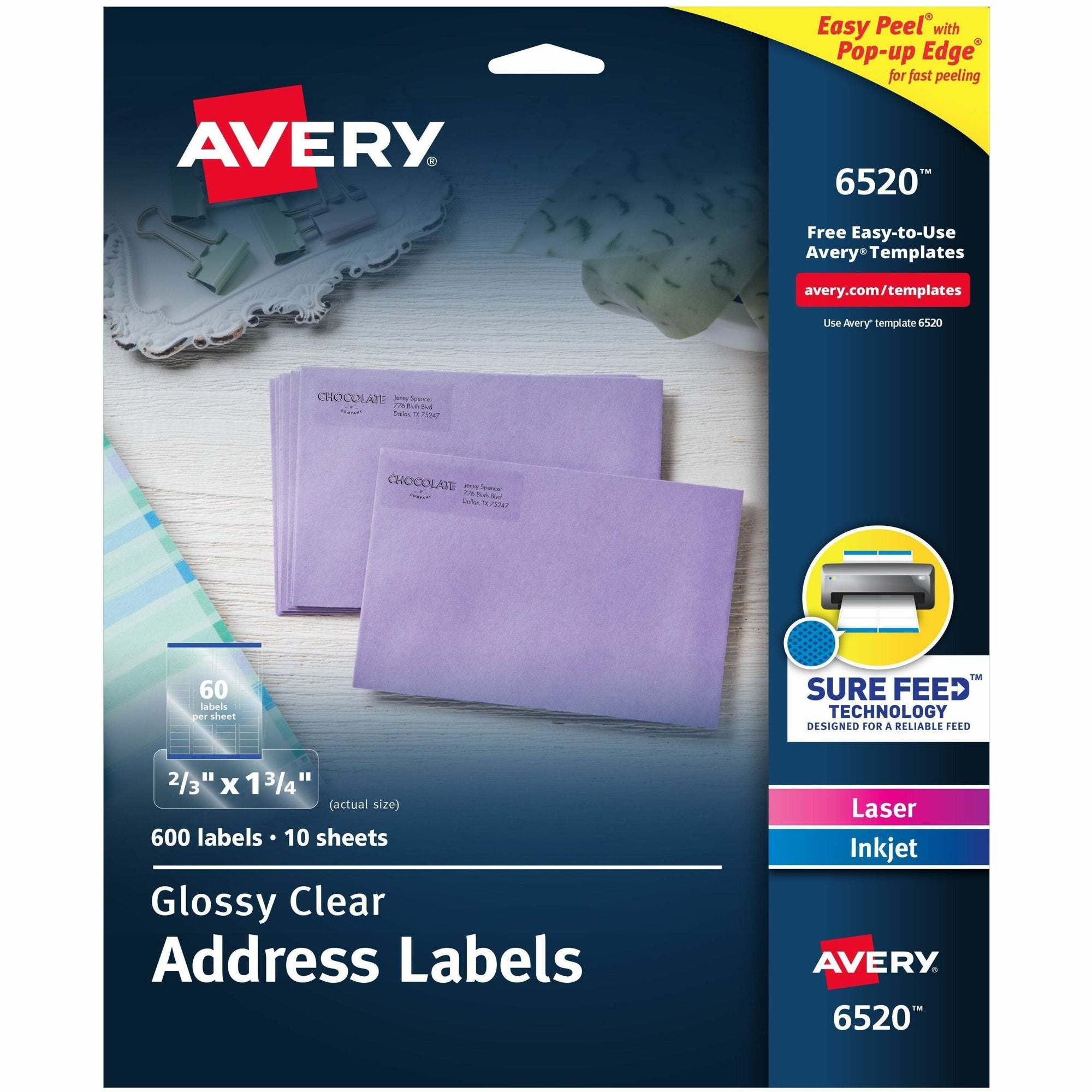 Glossy Clear Easy Peel Mailing Labels w/ Sure Feed Technology, Inkjet/Laser Printers, 0.66 x 1.75, 60/Sheet, 10 Sheets/PK