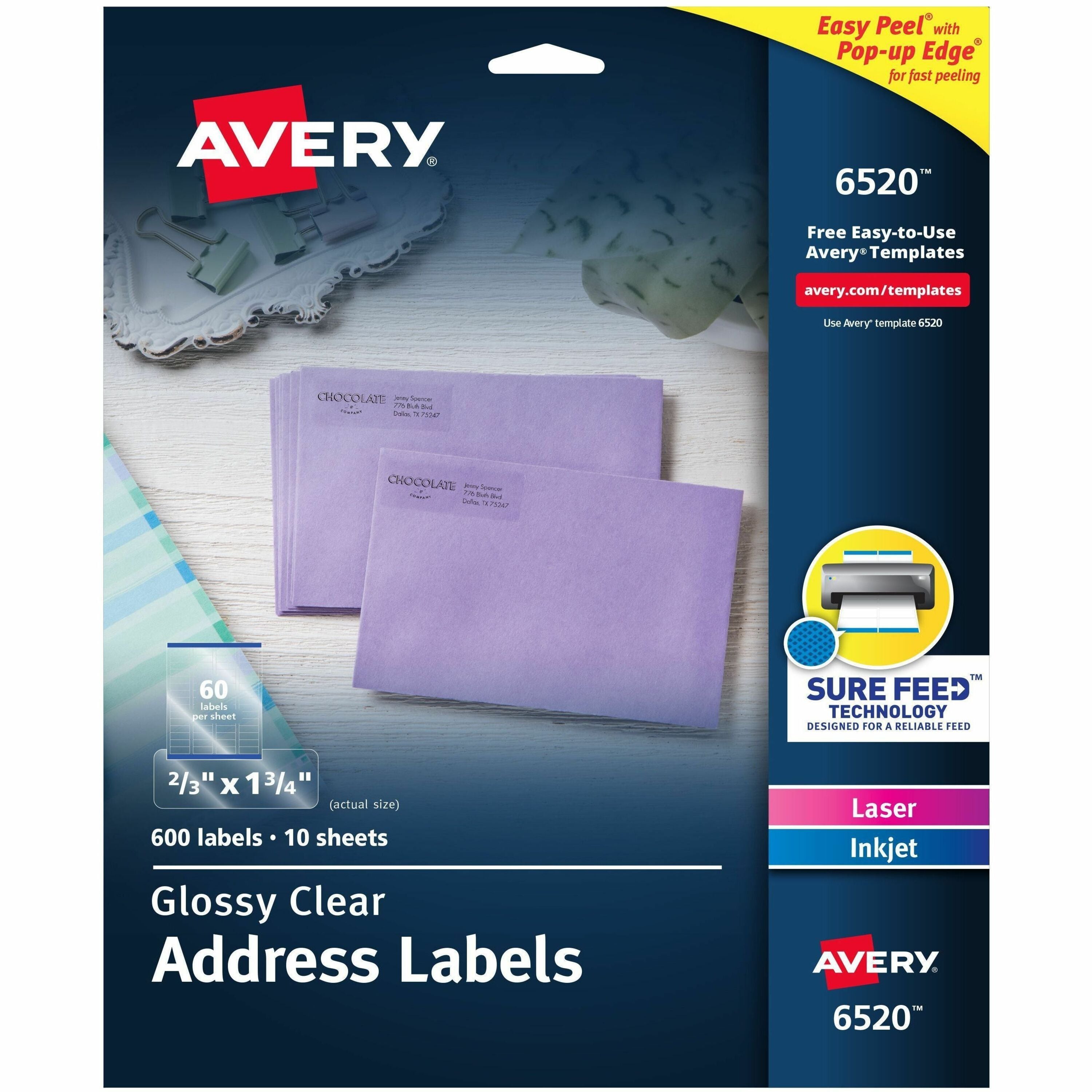 Glossy Clear Easy Peel Mailing Labels w/ Sure Feed Technology, Inkjet/Laser Printers, 0.66 x 1.75, 60/Sheet, 10 Sheets/PK
