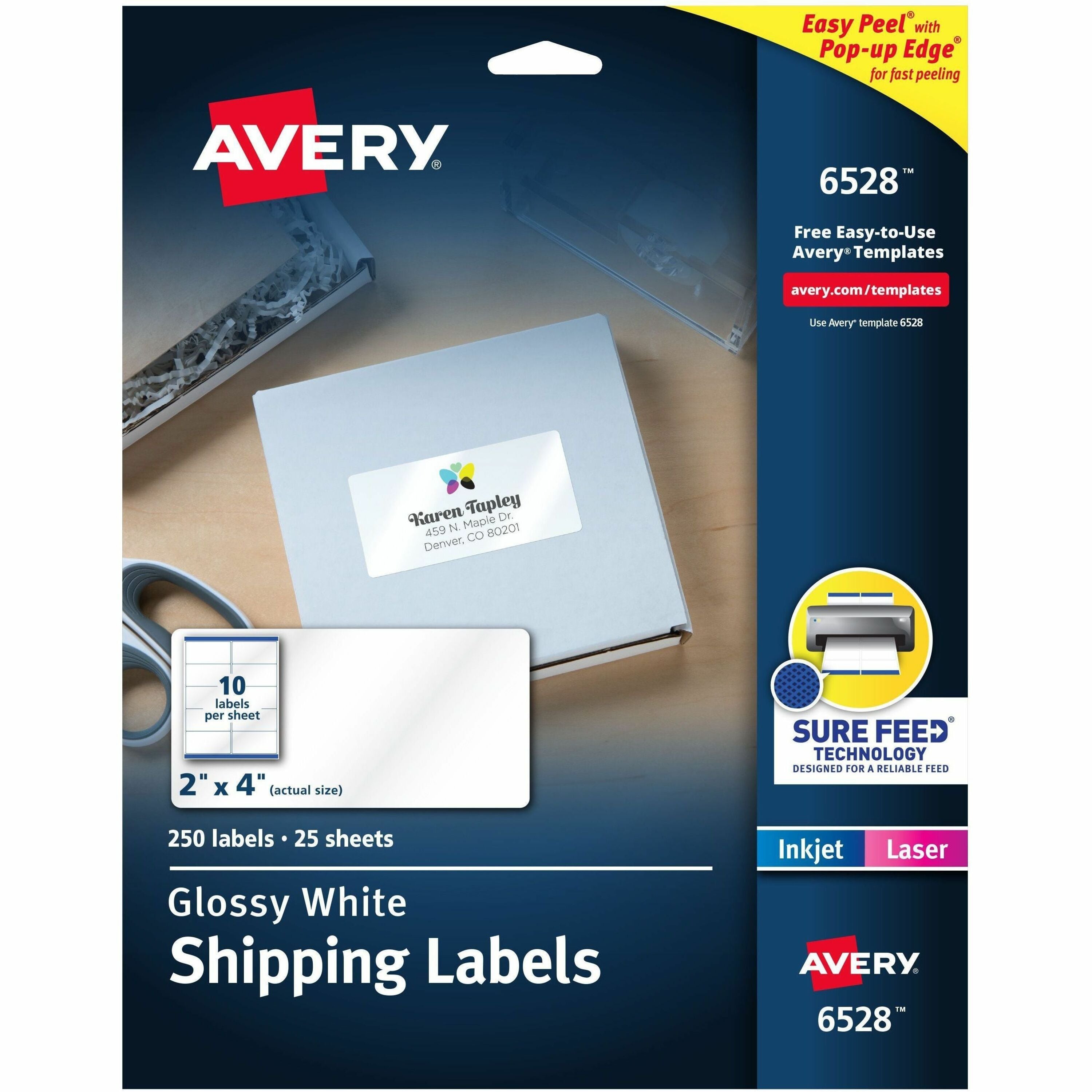 Glossy White Easy Peel Mailing Labels w/ Sure Feed Technology, Laser Printers, 2 x 4, White, 10/Sheet, 25 Sheets/Pack
