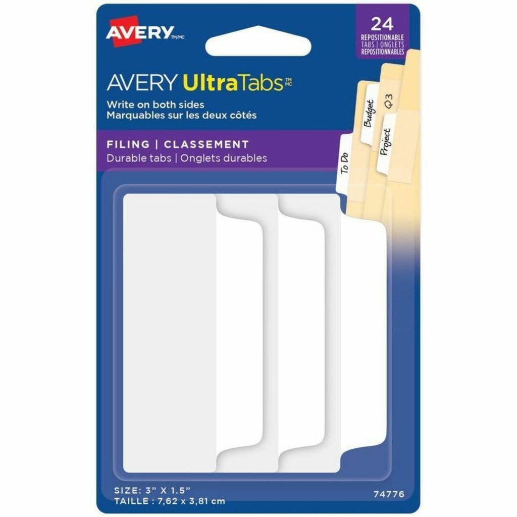 Ultra Tabs Repositionable Tabs, Wide and Slim: 3" x 1.5", 1/3-Cut, White, 24/Pack