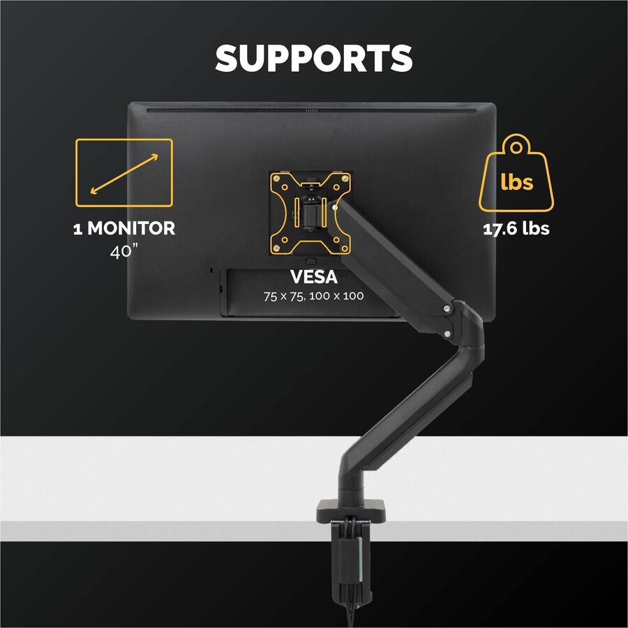 Platinum Series Single Monitor Arm, For 30" Monitors, 360 deg Rotation, 180 deg Tilt, 360 deg Pan, Black, Supports 20 lb