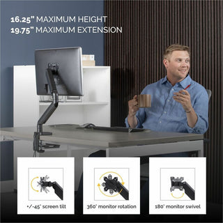 Platinum Series Single Monitor Arm, For 30" Monitors, 360 deg Rotation, 180 deg Tilt, 360 deg Pan, Black, Supports 20 lb