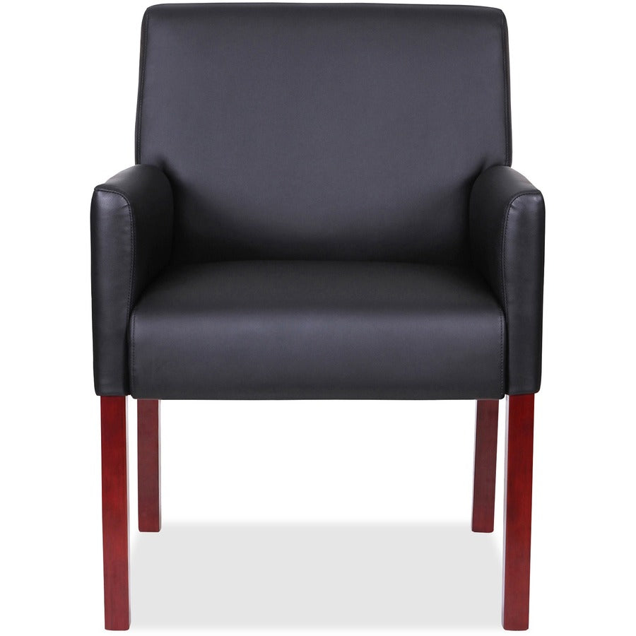 Lorell Full-sided Upholstered Arms Guest Chair - Black Leather Seat - Black Leather Back - Mahogany Wood Frame - 1 Each