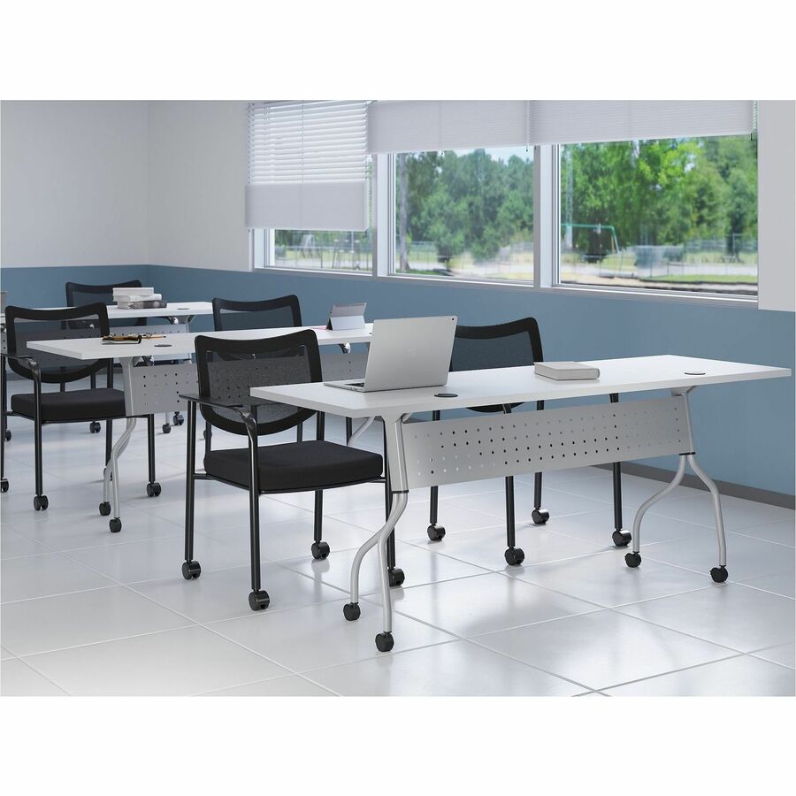 Lorell Mesh Back Guest Chair with Arms - Fabric Seat - Plastic Frame - Four-legged Base - Black - Armrest - 1 Each