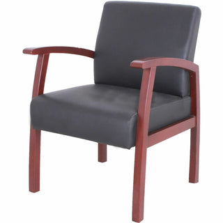 Lorell Thickly Padded Guest Chair - Mahogany Wood Frame - Four-legged Base - Black - Leather - Armrest - 1 Each