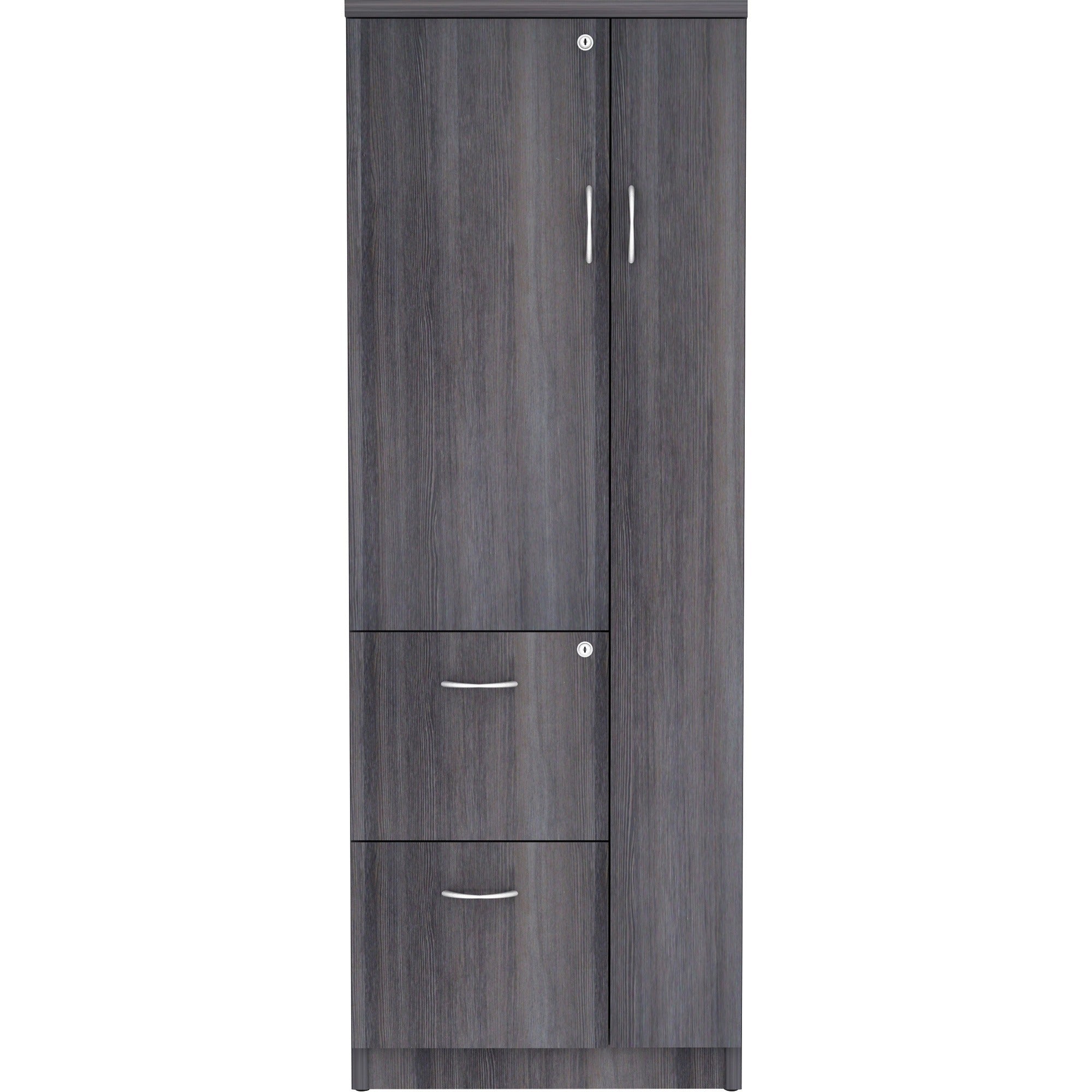 lorell-essentials-revelance-tall-storage-cabinet-236-x-236656-2-drawers-2-shelves-material-medium-density-fiberboard-mdf-particleboard-finish-weathered-charcoal-abrasion-resistant_llr69659 - 2